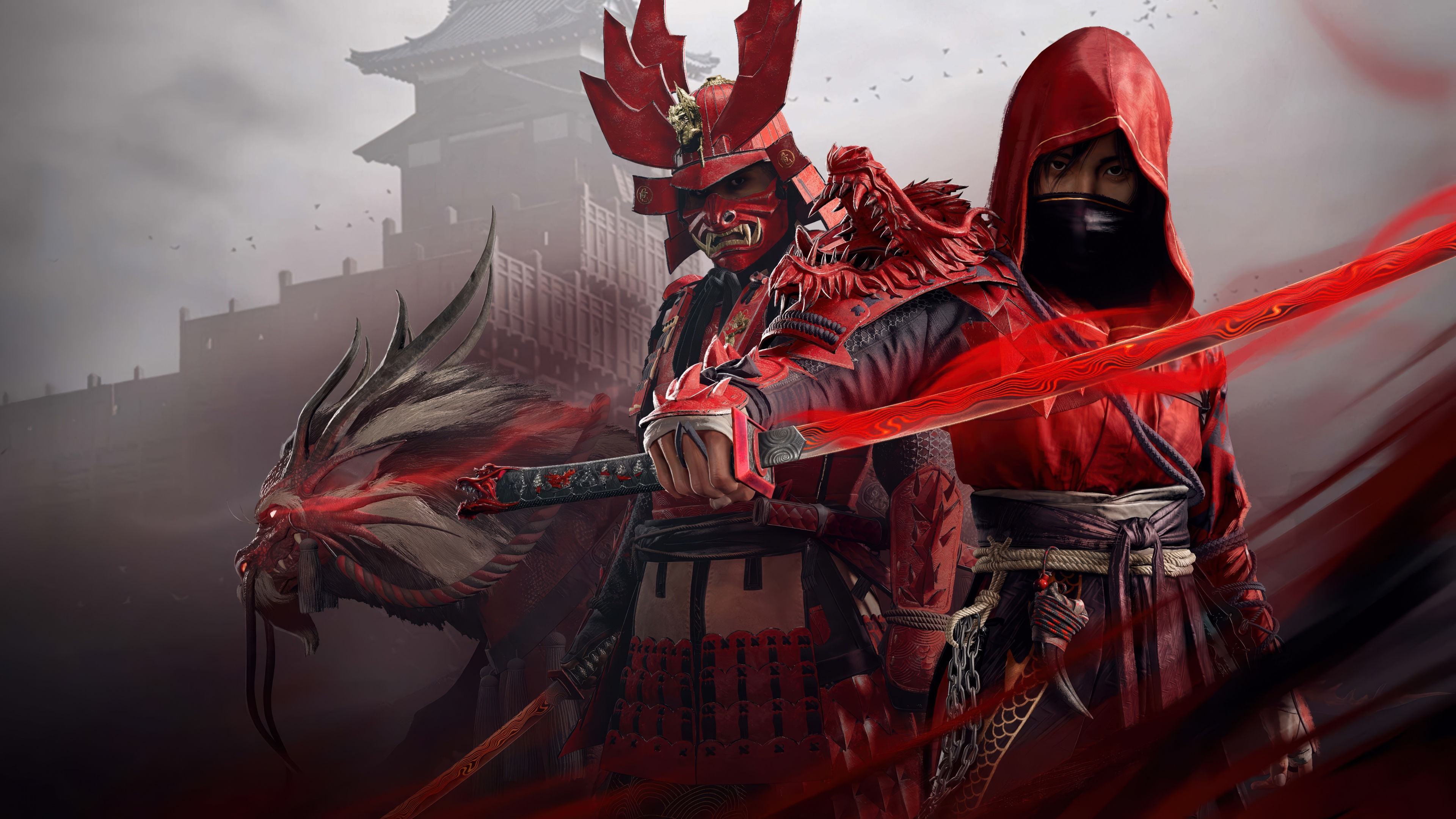 A cinematic portrayal of Naoe and Yasuke from Assassin's Creed Shadows featuring a dramatic red aesthetic and Japanese scenery.