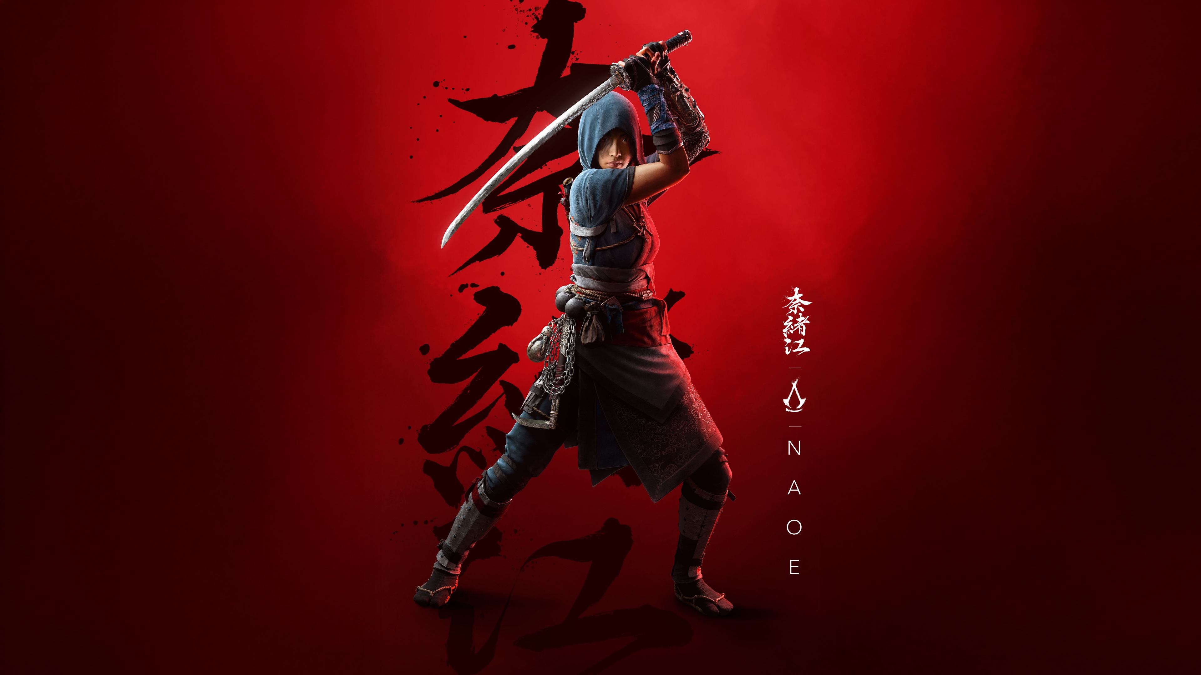 A detailed portrait of the character Naoe from Assassin's Creed Shadows against a dark red background