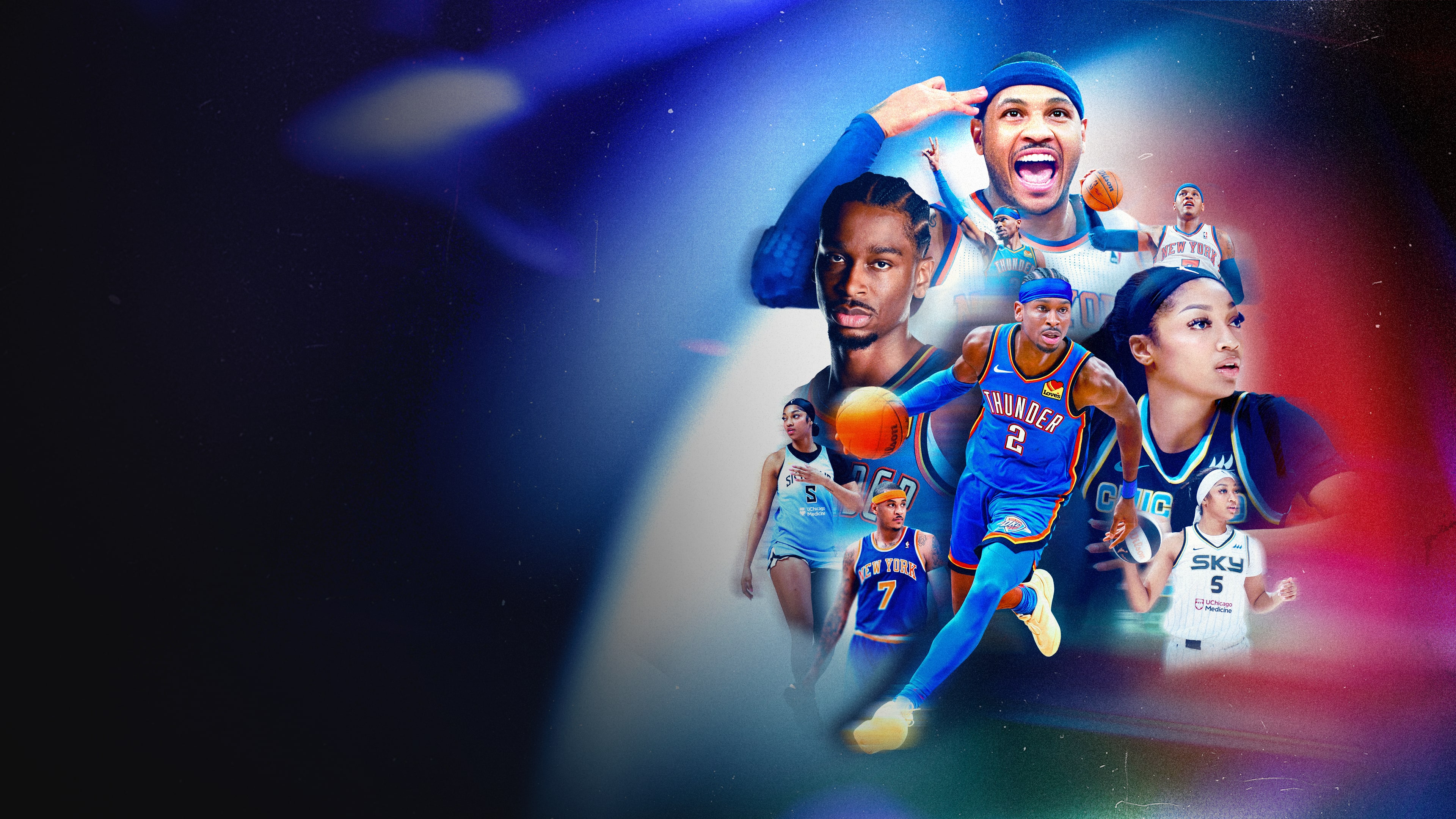 A cinematic collage of basketball players Angel Reese, Carmelo Anthony, and Shai Gilgeous-Alexander designed as an NBA 2K26 game cover.