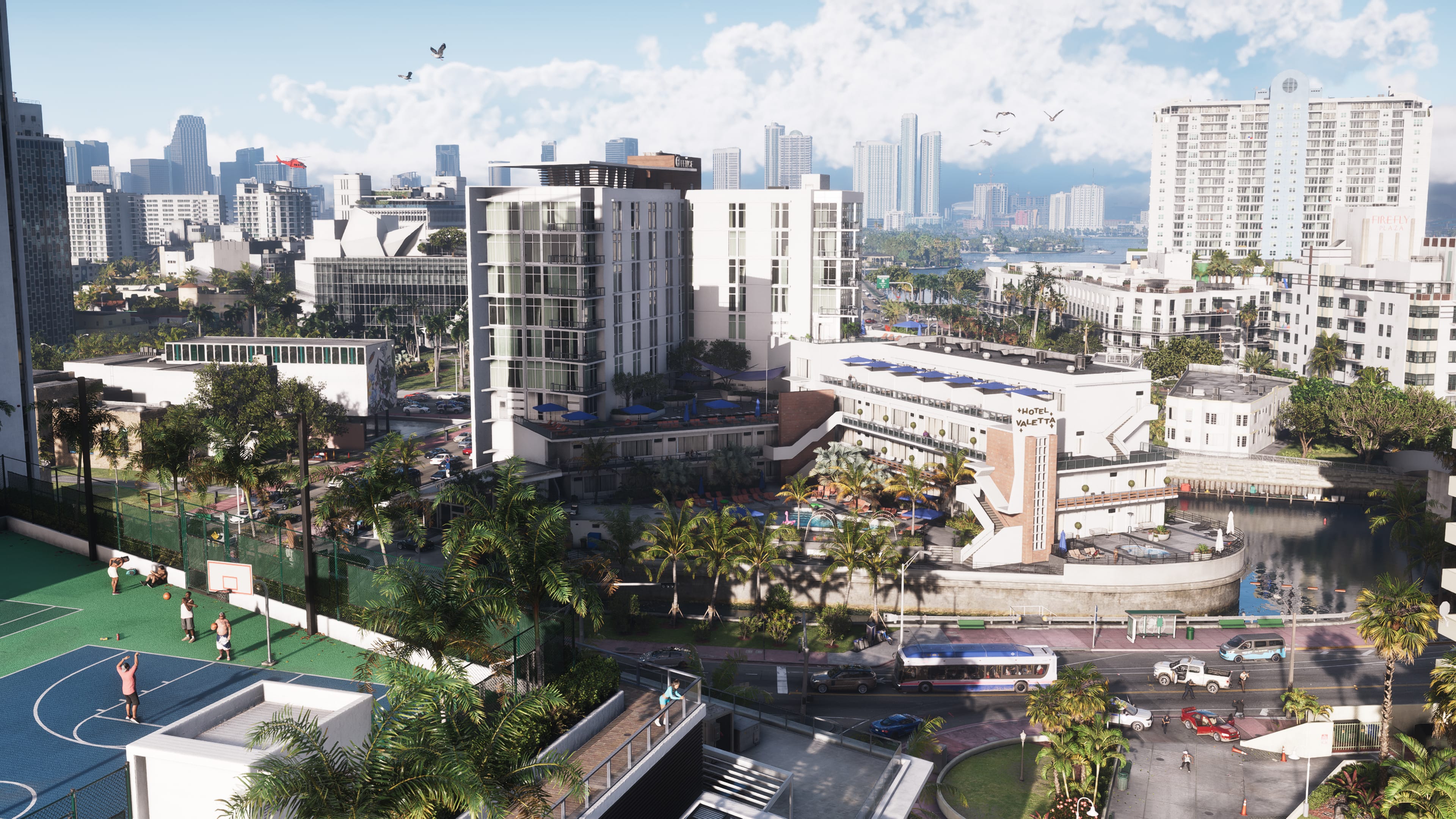 A cinematic game art depiction of a neon-lit Vice City cityscape with skyscrapers and palm trees, inspired by Grand Theft Auto VI.