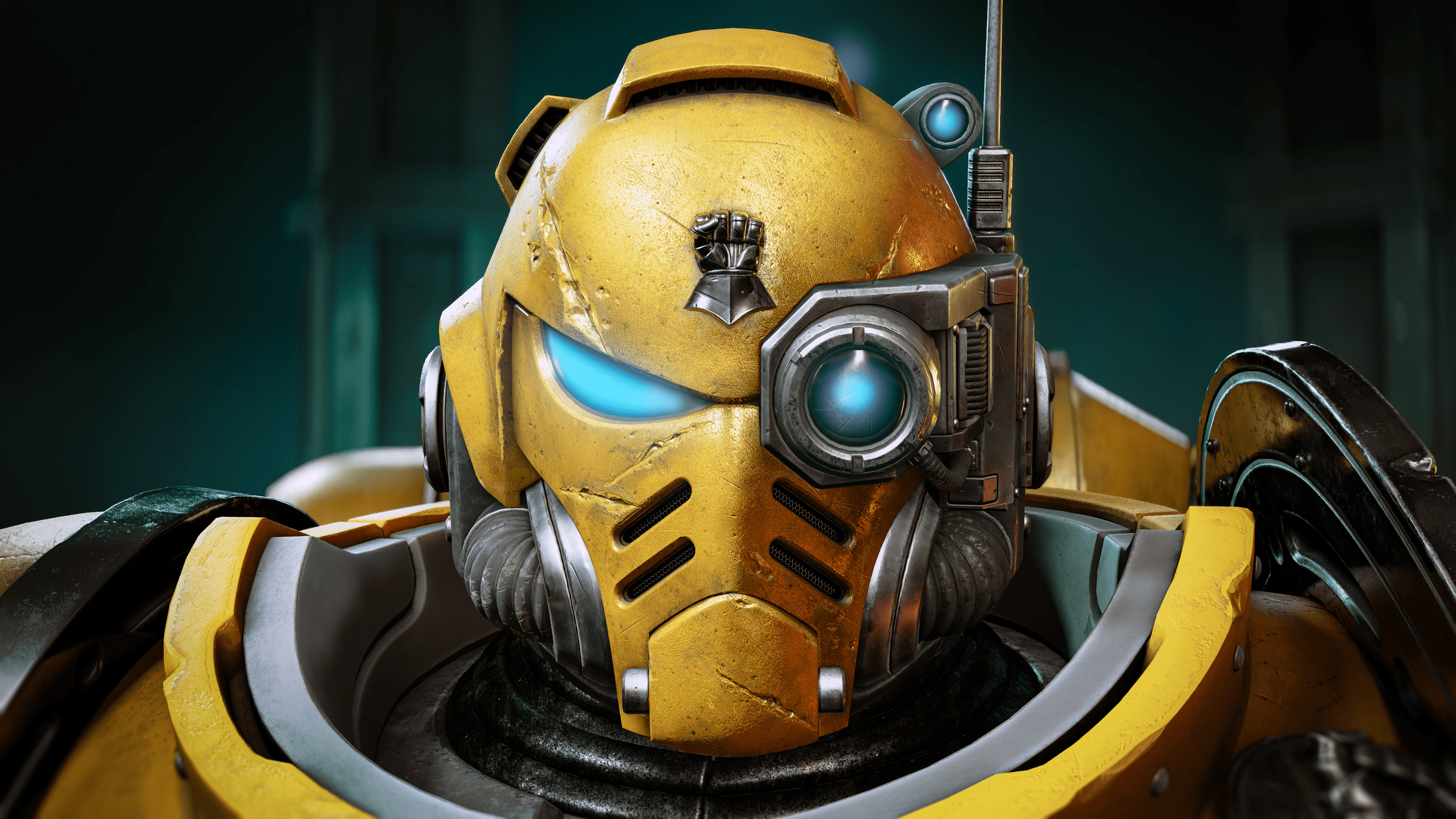 A close-up of a warrior wearing detailed fantasy plate armor with glowing magical runes.