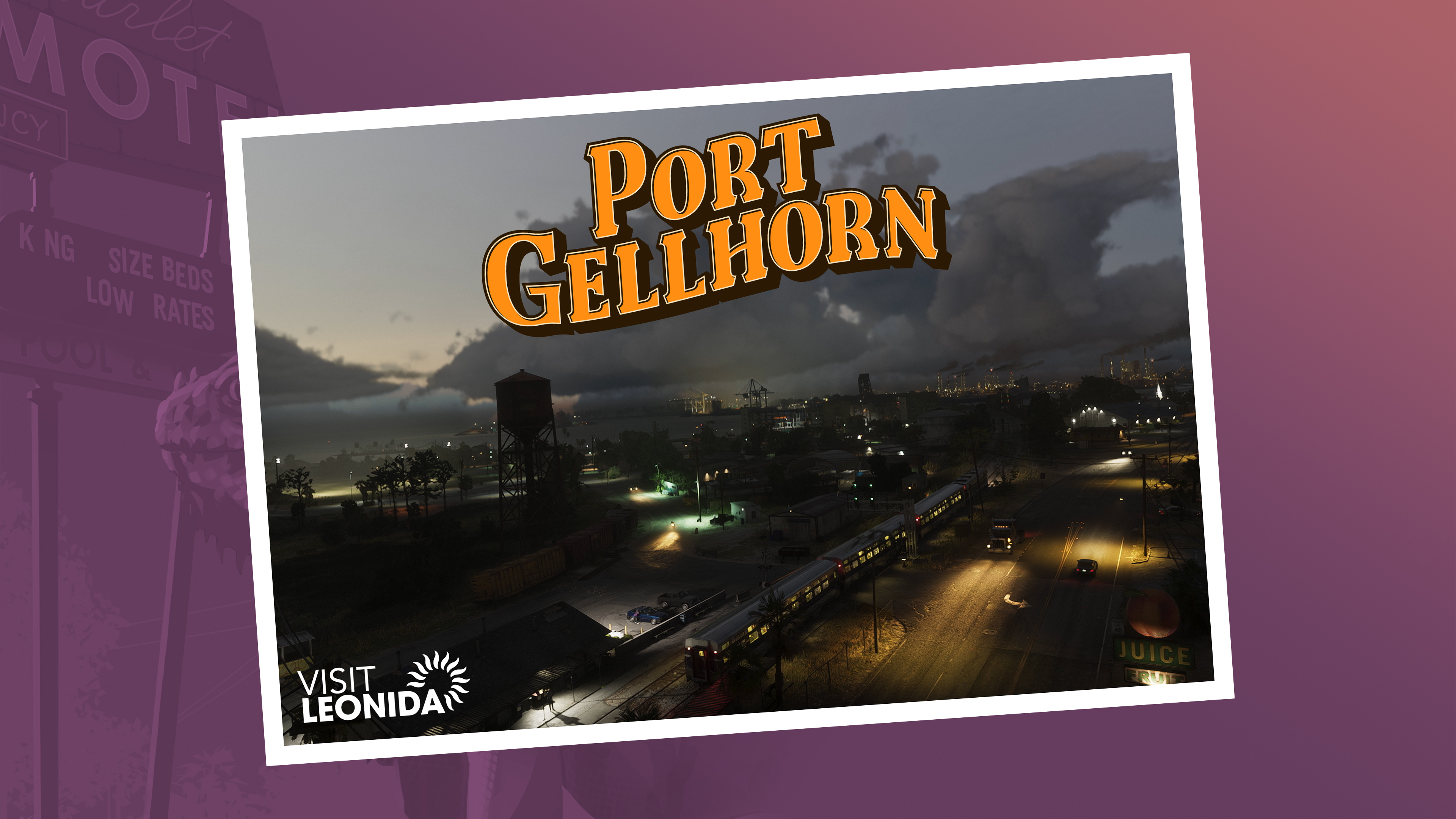 A tropical postcard view of Port Gellhorn's coastline and palm trees, inspired by Grand Theft Auto VI.