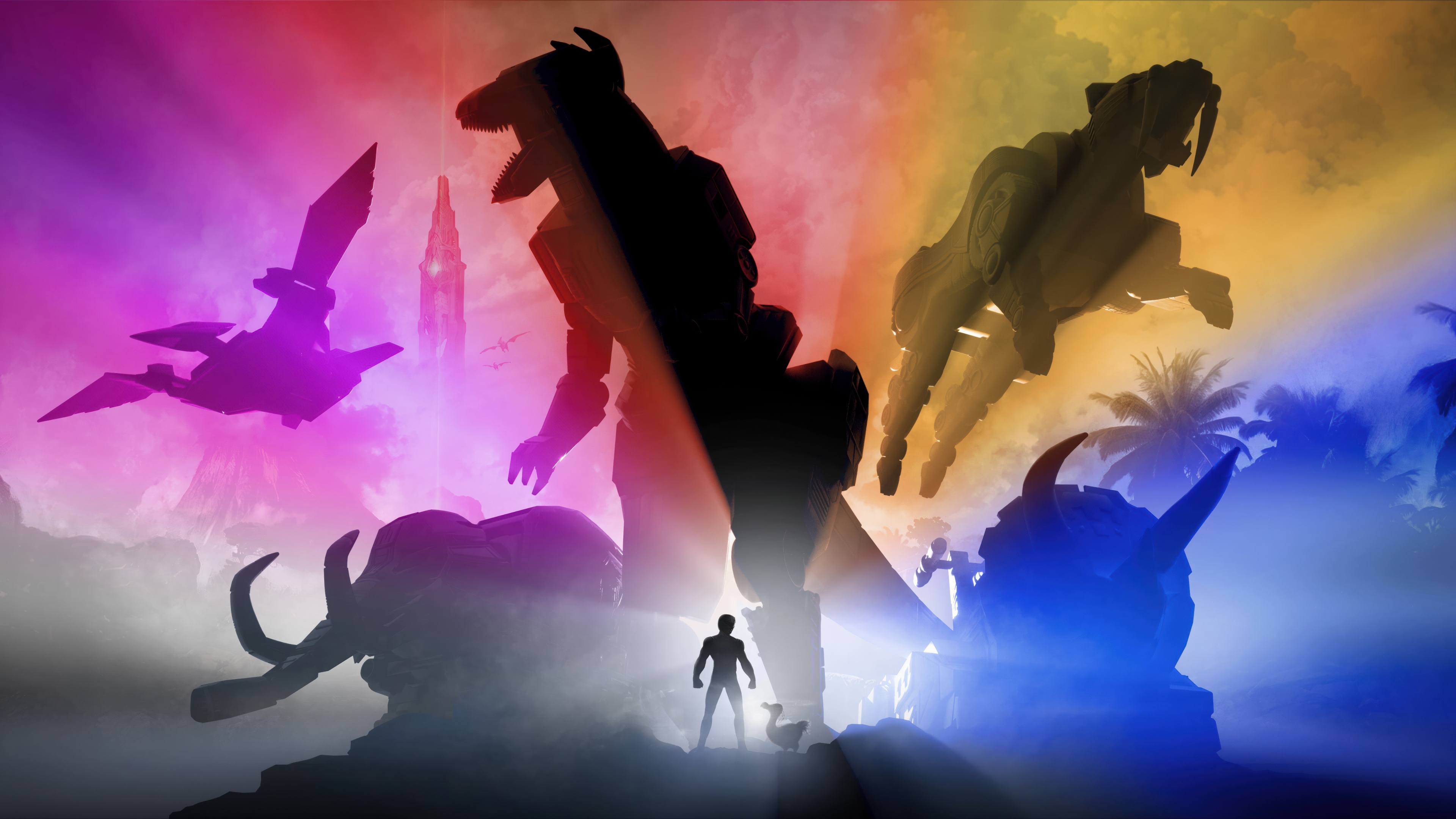 A colorful Power Ranger standing in a lush, prehistoric jungle environment from Ark: Survival Ascended.