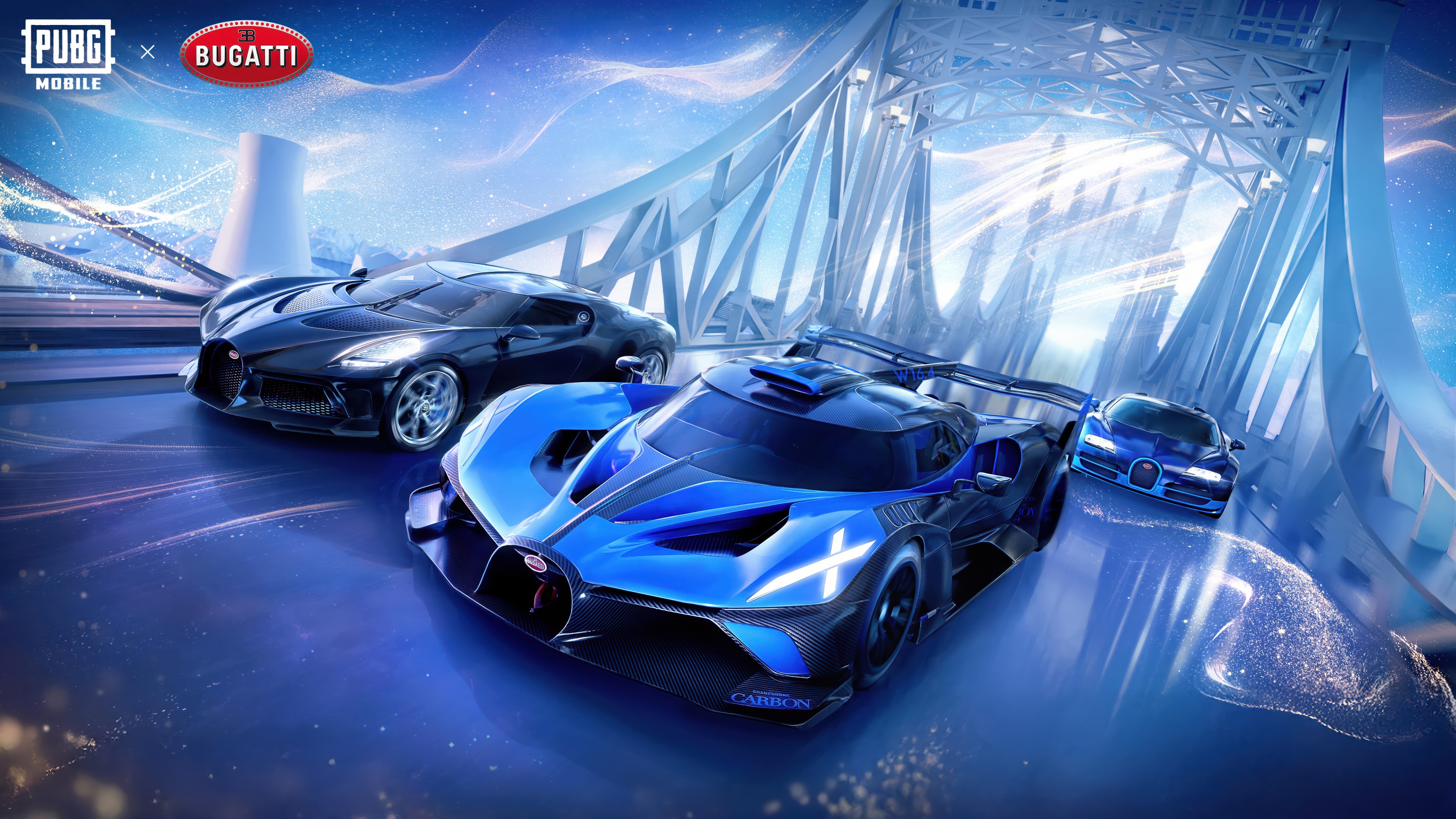 Tactical PUBG Mobile characters standing alongside the Bugatti La Voiture Noire, Bugatti Bolide, and Bugatti Chiron in a high-definition cinematic setting.