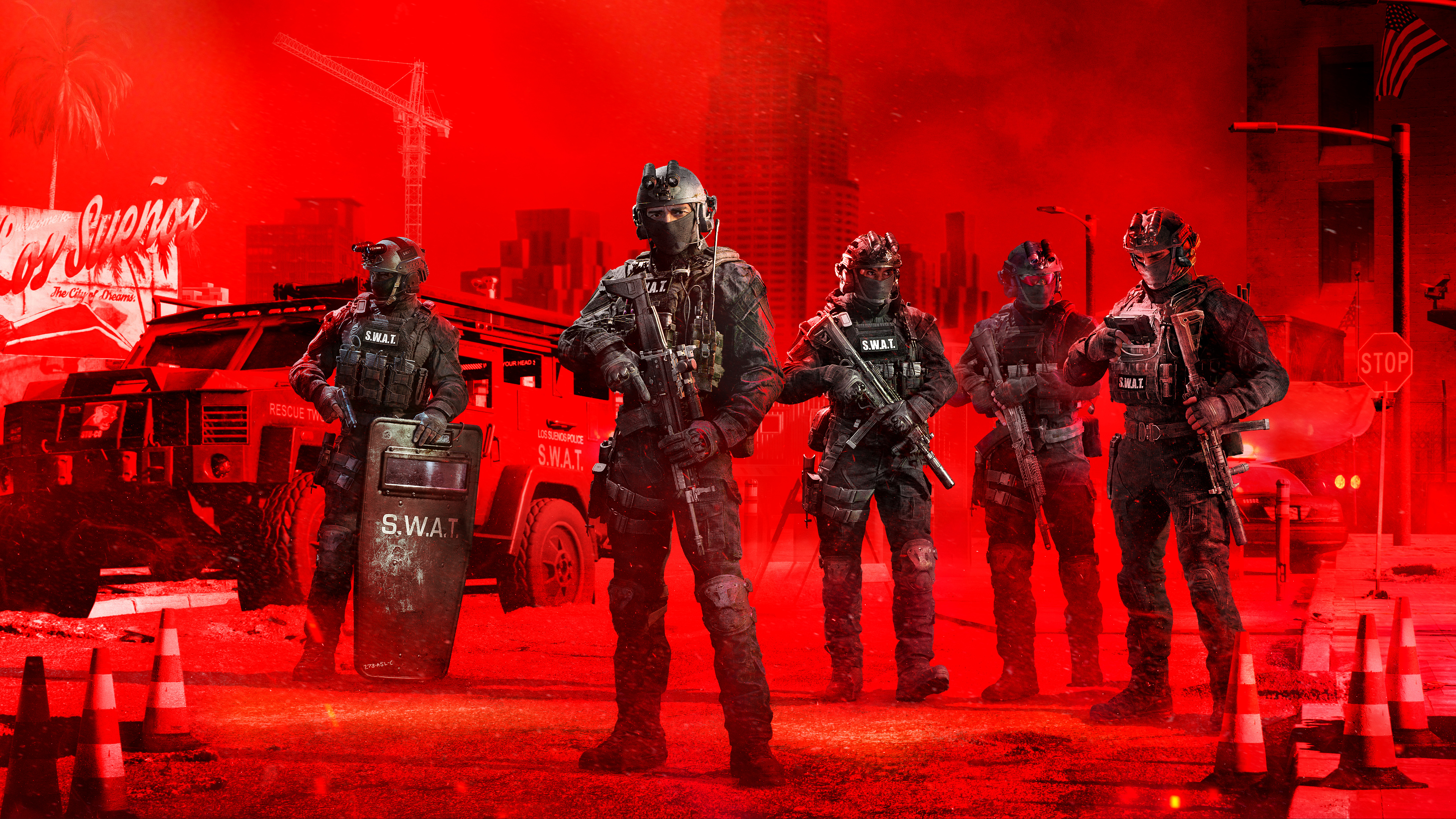 A tactical SWAT operator in full combat gear positioned against a vibrant red background, cinematic gaming key art.