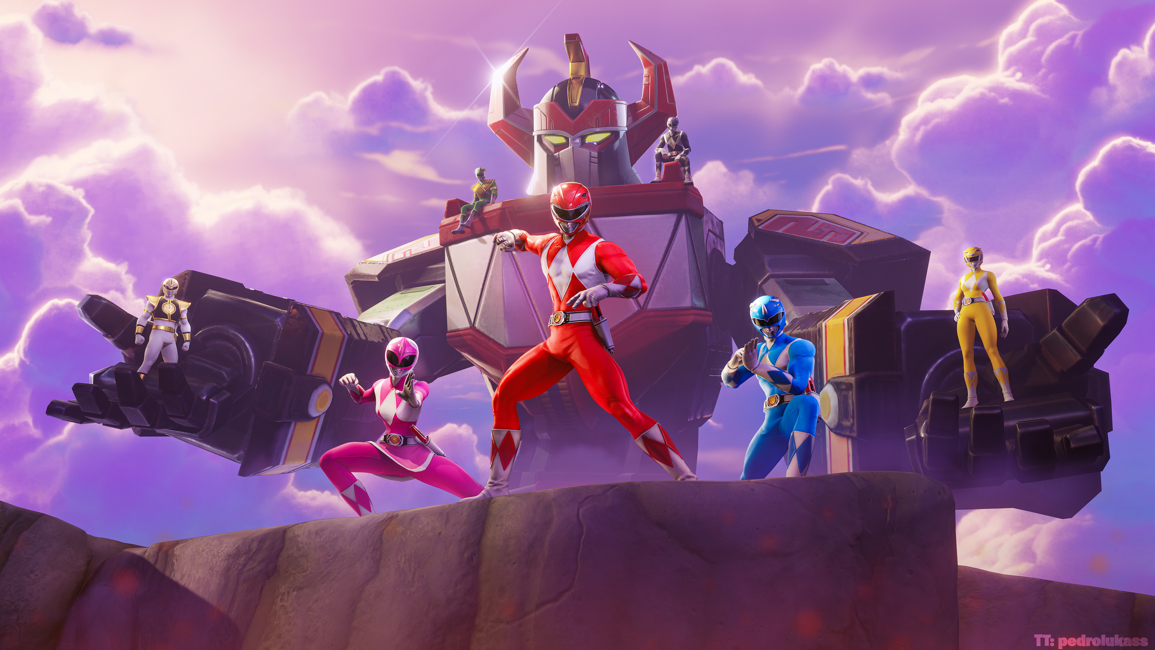 The Red Power Ranger from Power Rangers reimagined as a playable character skin in a Fortnite-inspired 2025 gaming universe.