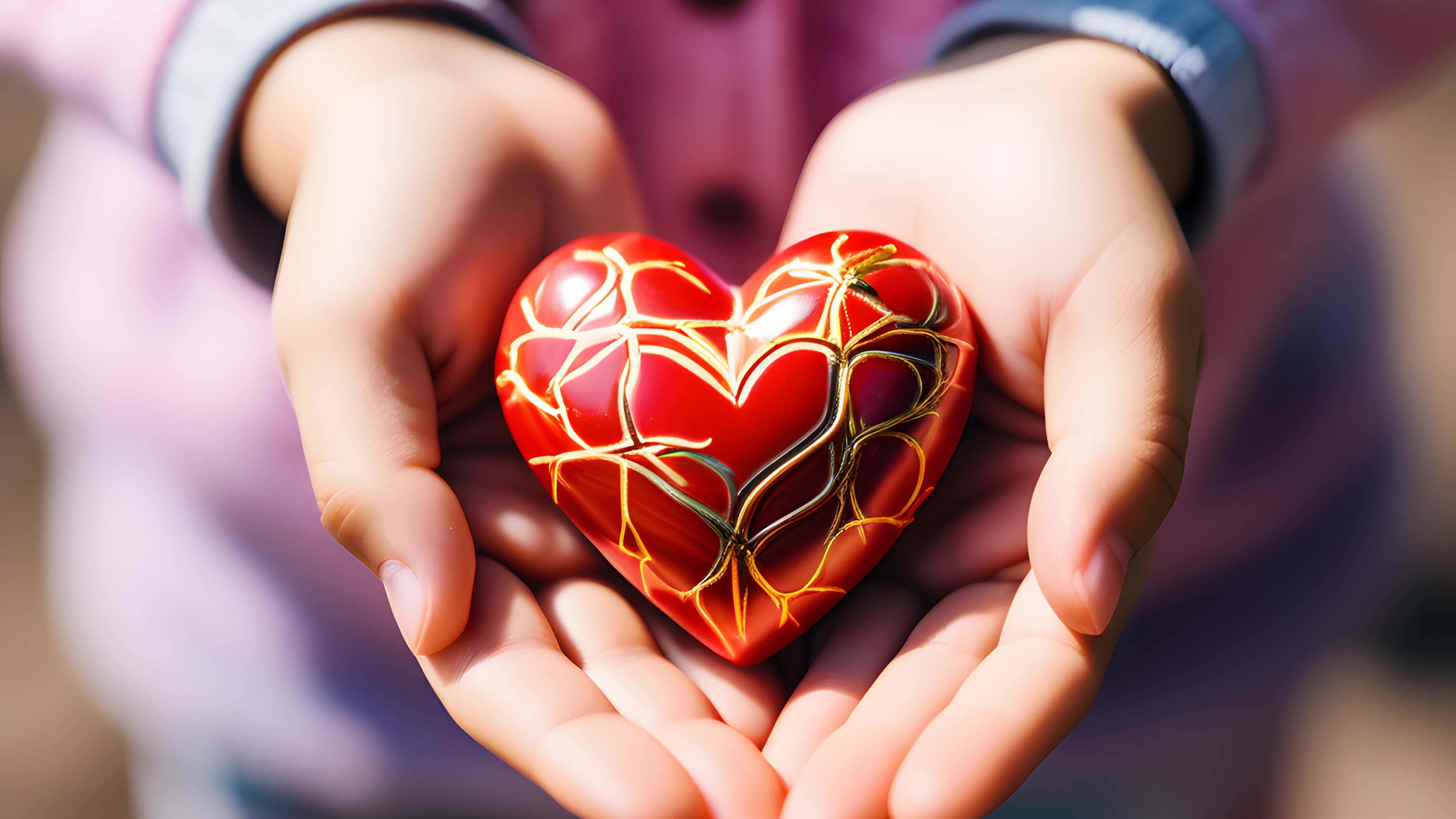 A close-up shot of two hands coming together to cradle a bright red heart.
