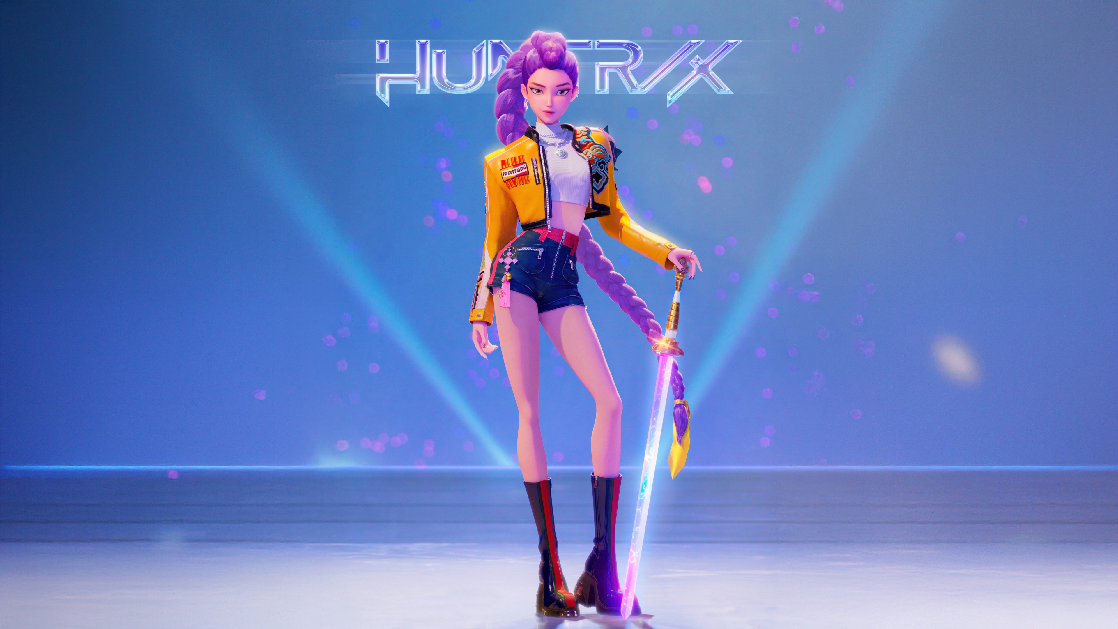 A stylish portrait of Rumi (Huntrix) from KPop Demon Hunters, featuring K-Pop inspired combat fashion and a fierce, warrior-like expression.