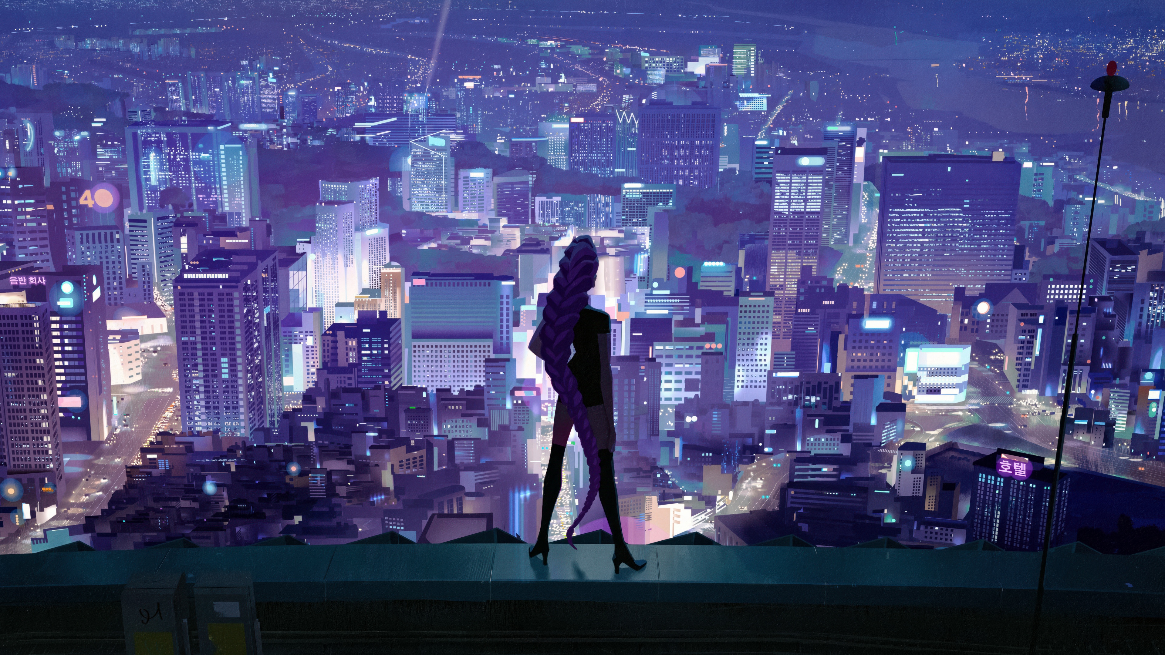 A stylish K-Pop inspired female demon hunter named Rumi standing in a glowing, high-detail urban cityscape at night.