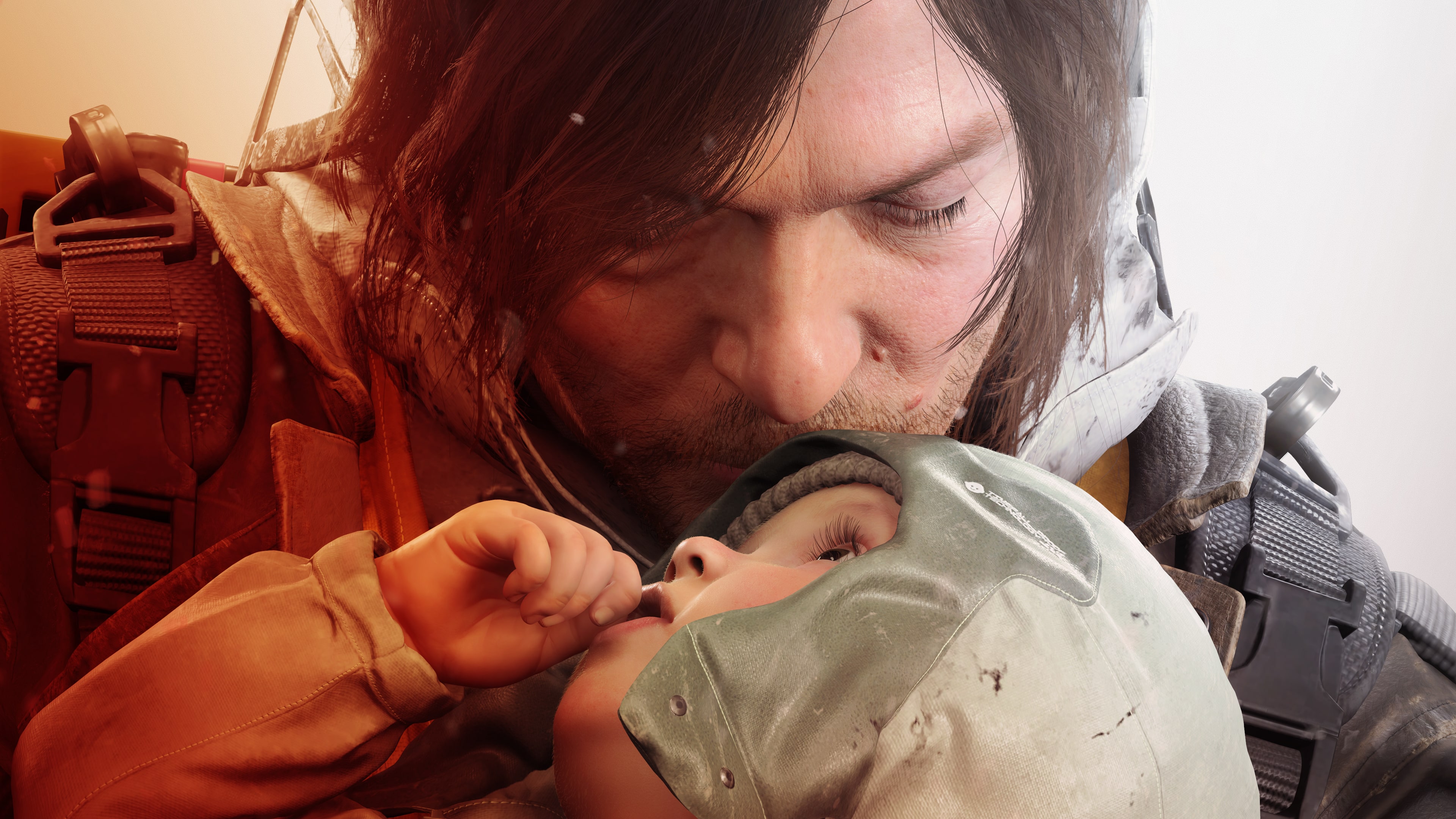 A cinematic portrait of Sam Porter Bridges, played by Norman Reedus, from the video game Death Stranding 2: On the Beach.