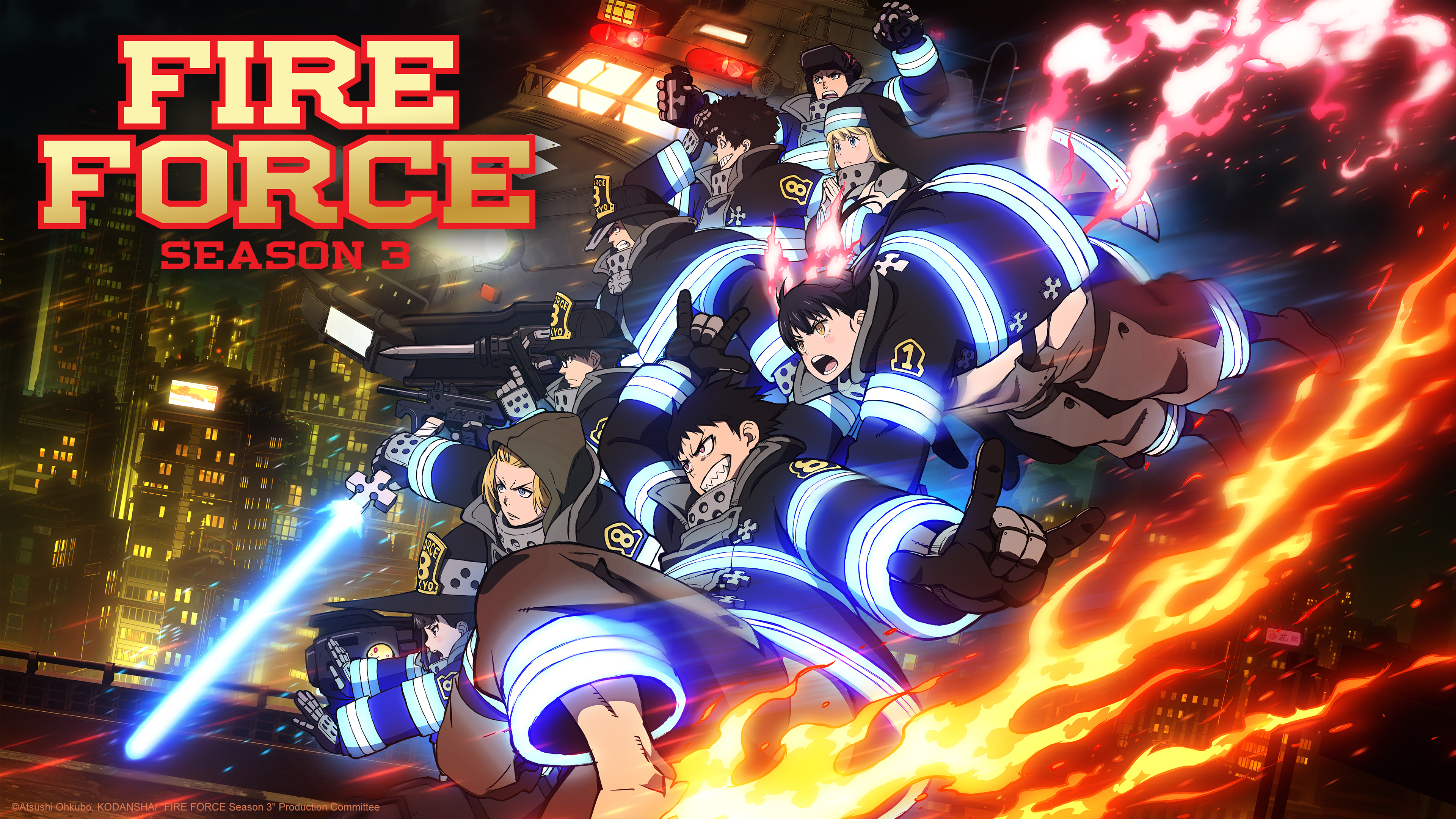 Shinra Kusakabe from Fire Force in a dynamic action pose with intense flame effects, manga style