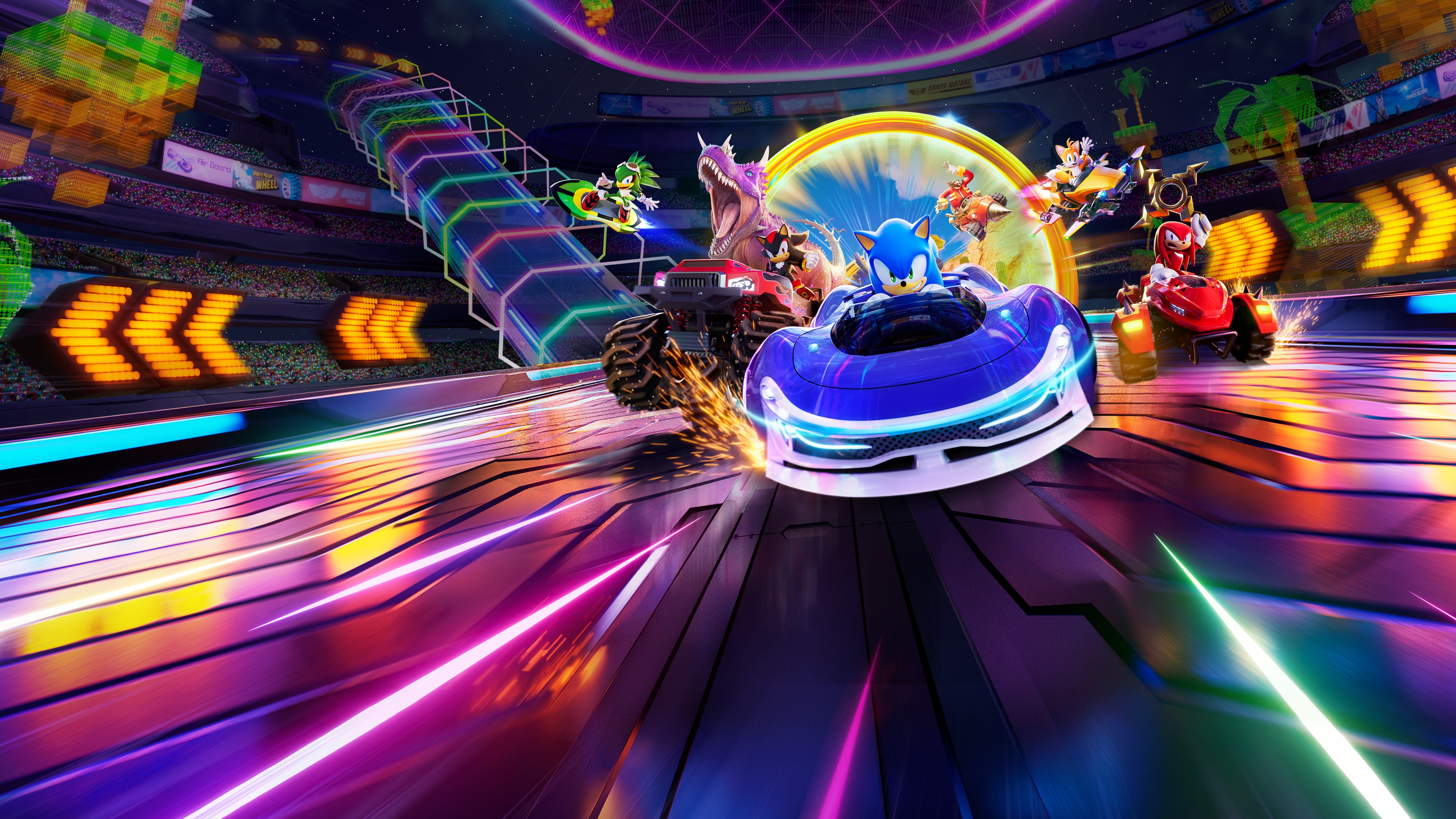 Sonic the Hedgehog speeding through a vibrant and colorful racing track in Sonic Racing: CrossWorlds.