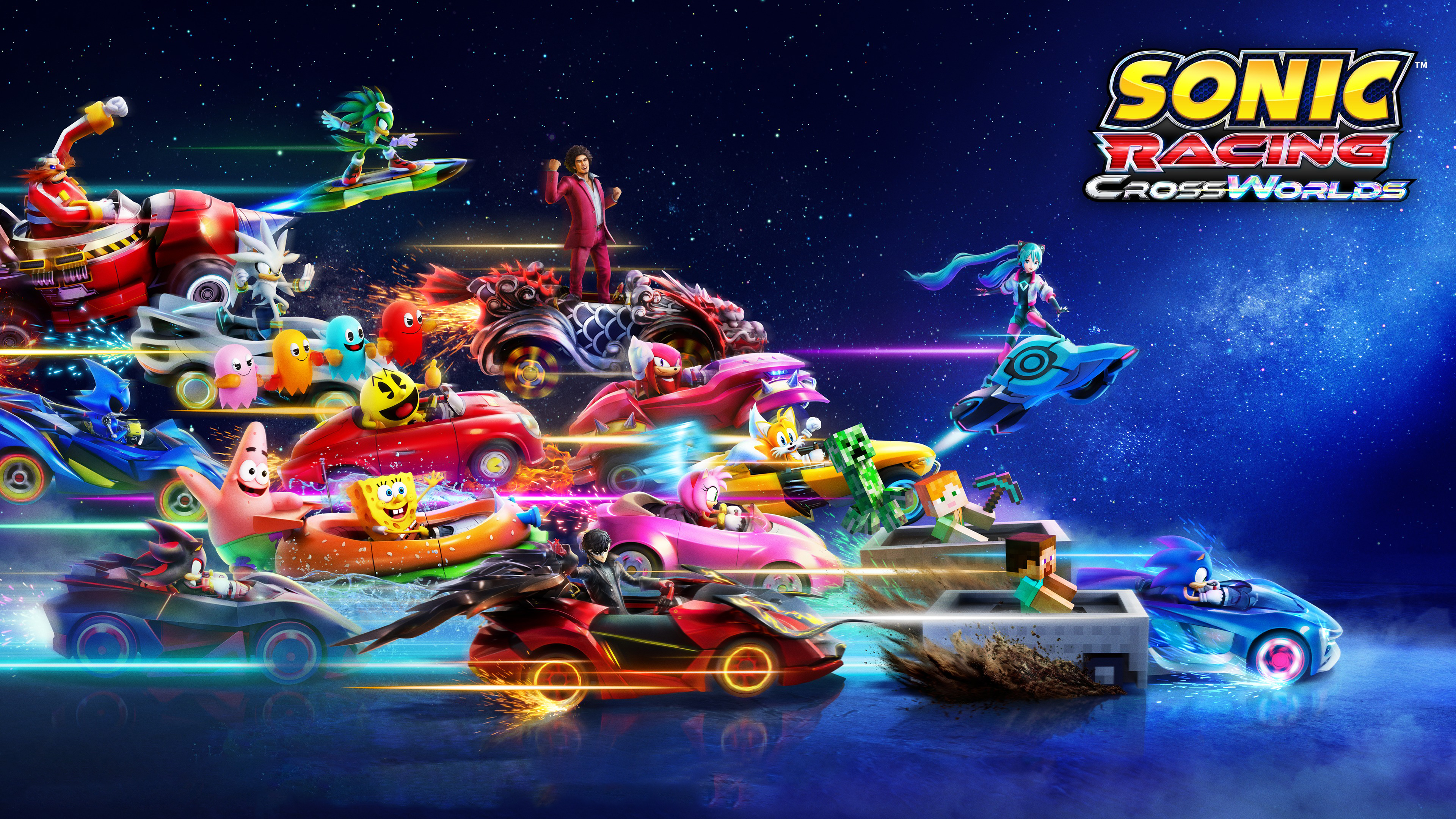 Sonic the Hedgehog speeding through a colorful, futuristic racing track in Sonic Racing: CrossWorlds
