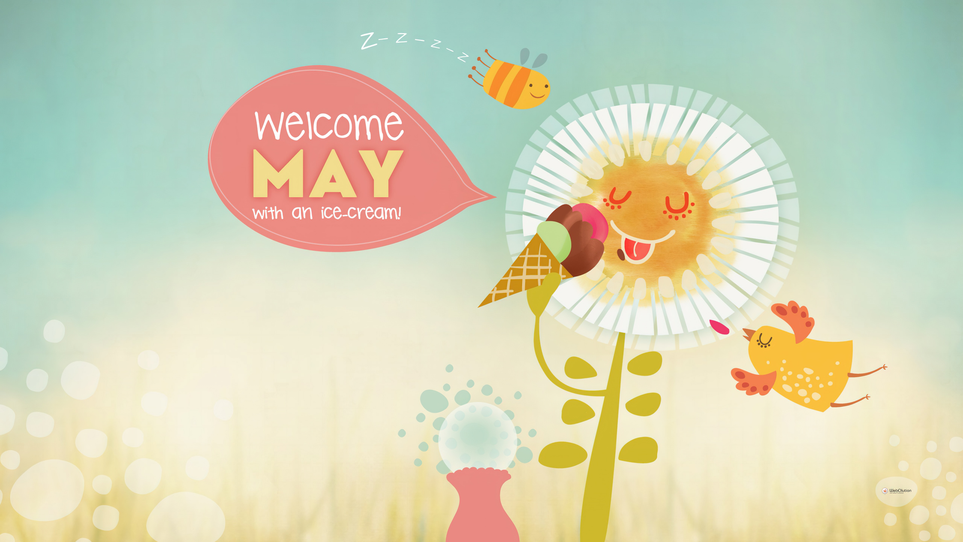 A funny cartoon illustration of a happy character eating a large ice cream cone on a bright, sunny day in May.