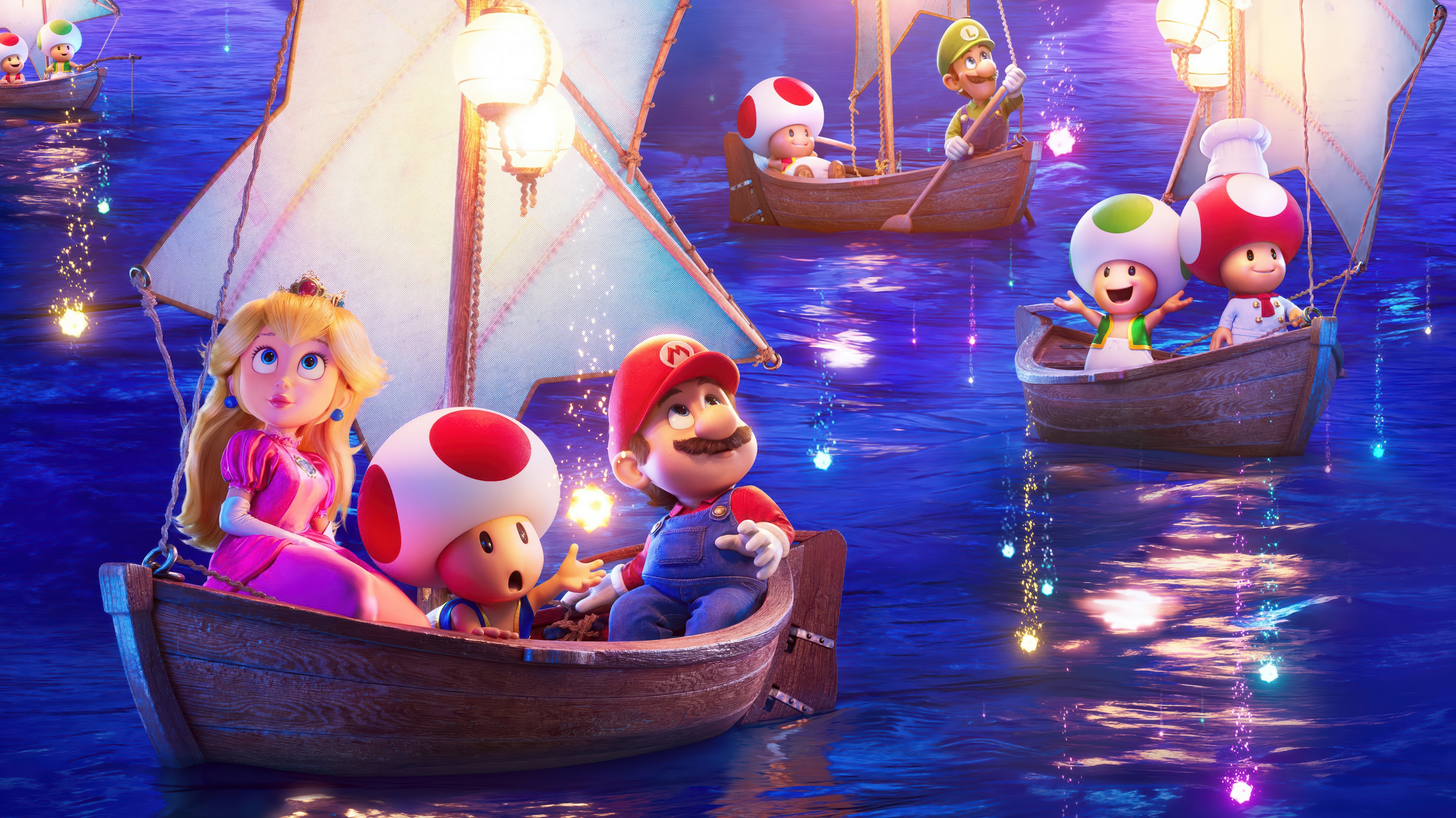 A high-resolution movie poster for Super Mario Galaxy featuring Princess Peach and Toad in a cosmic, star-filled setting.