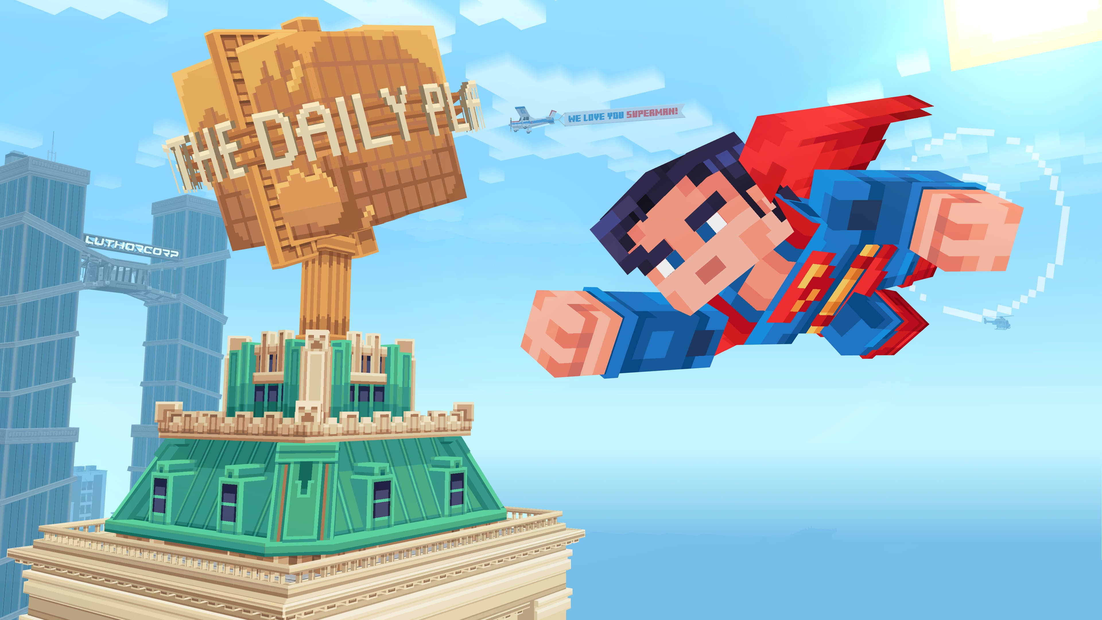 A blocky, voxel-based version of Superman from DC Comics featuring his iconic blue suit and red cape.
