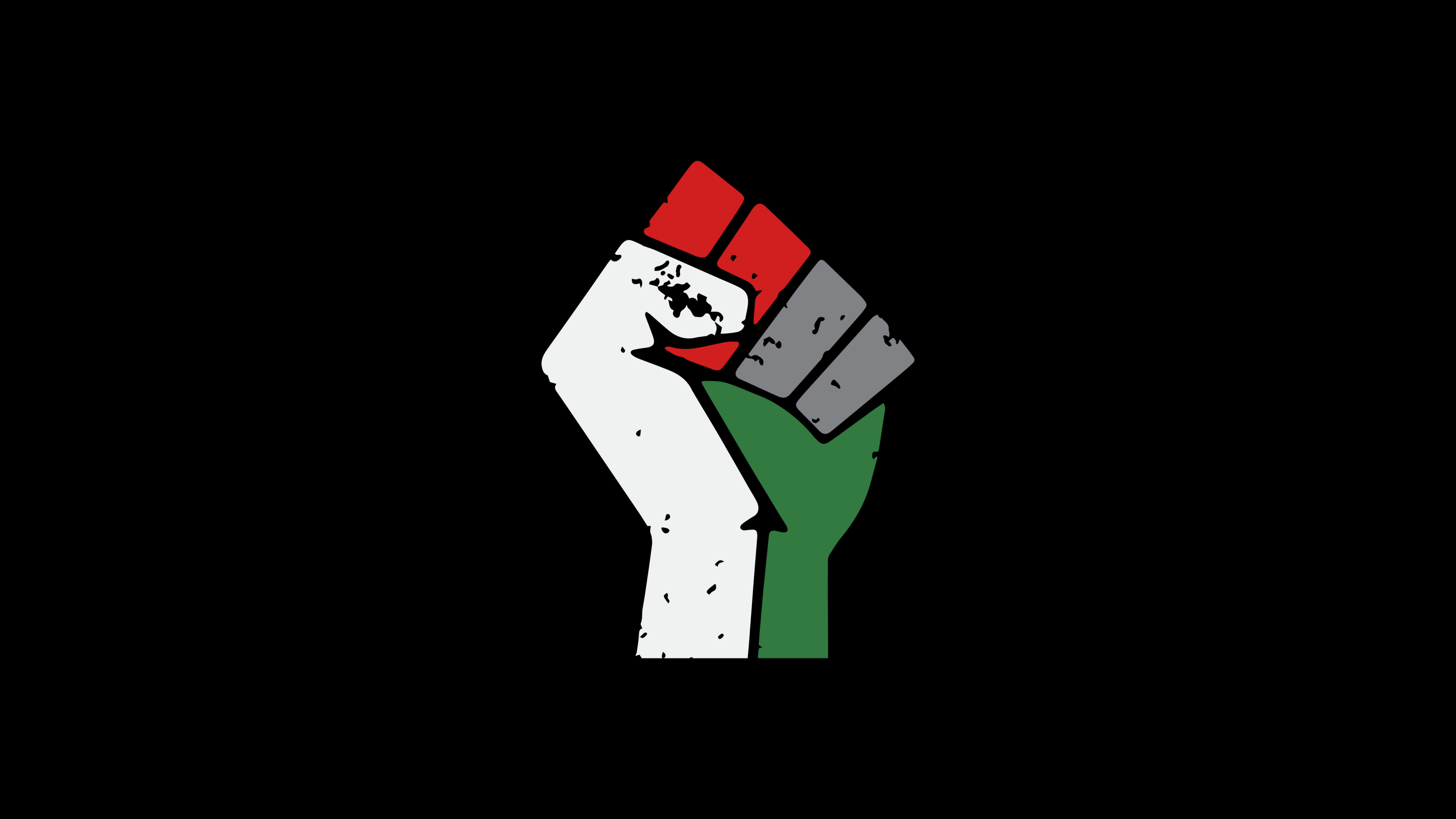 A dramatic, high-resolution close-up of a clenched fist in the colors of the Palestinian flag against a solid black background.