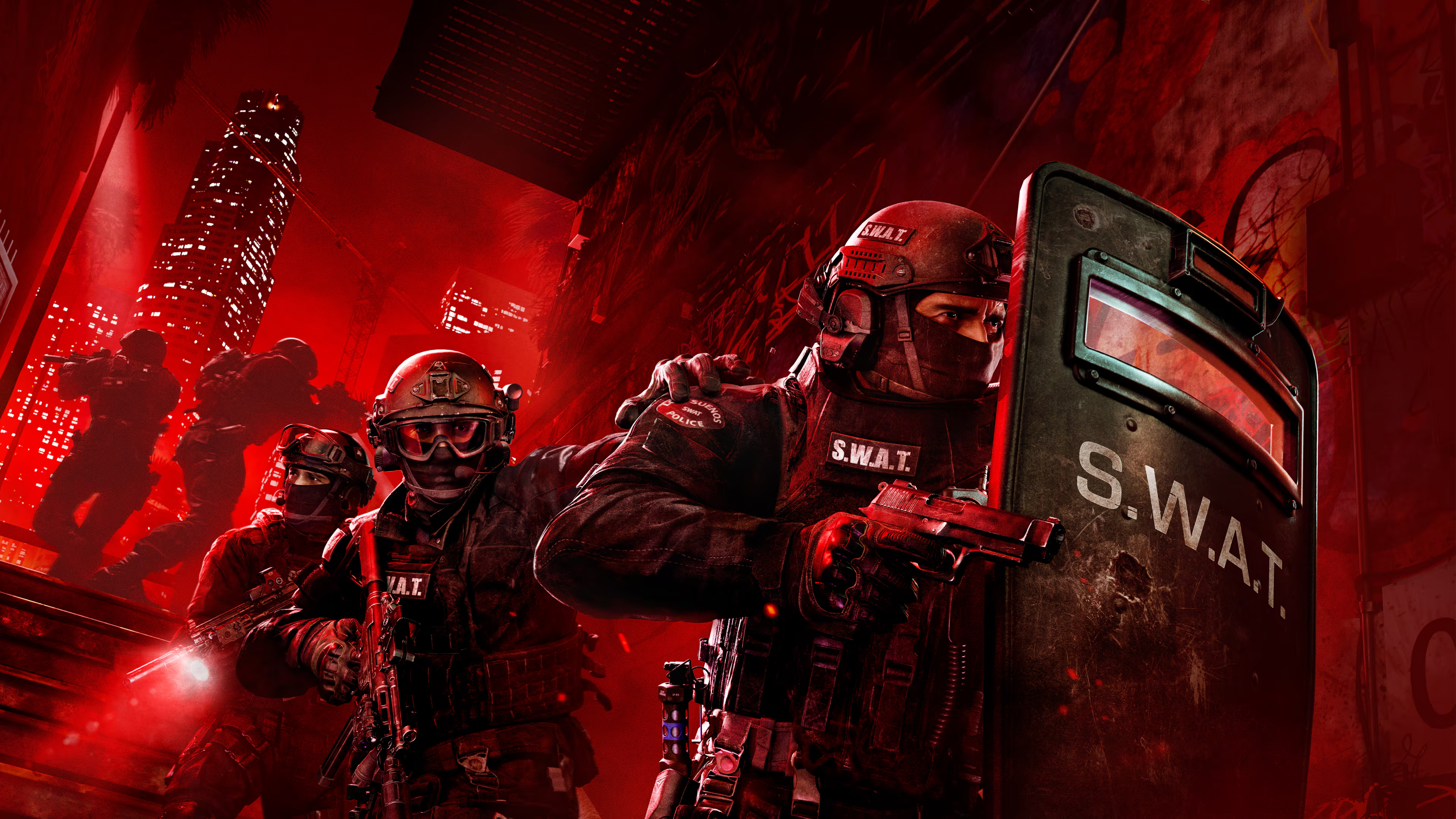 A SWAT officer from the video game Ready or Not wearing tactical gear against a solid red background.