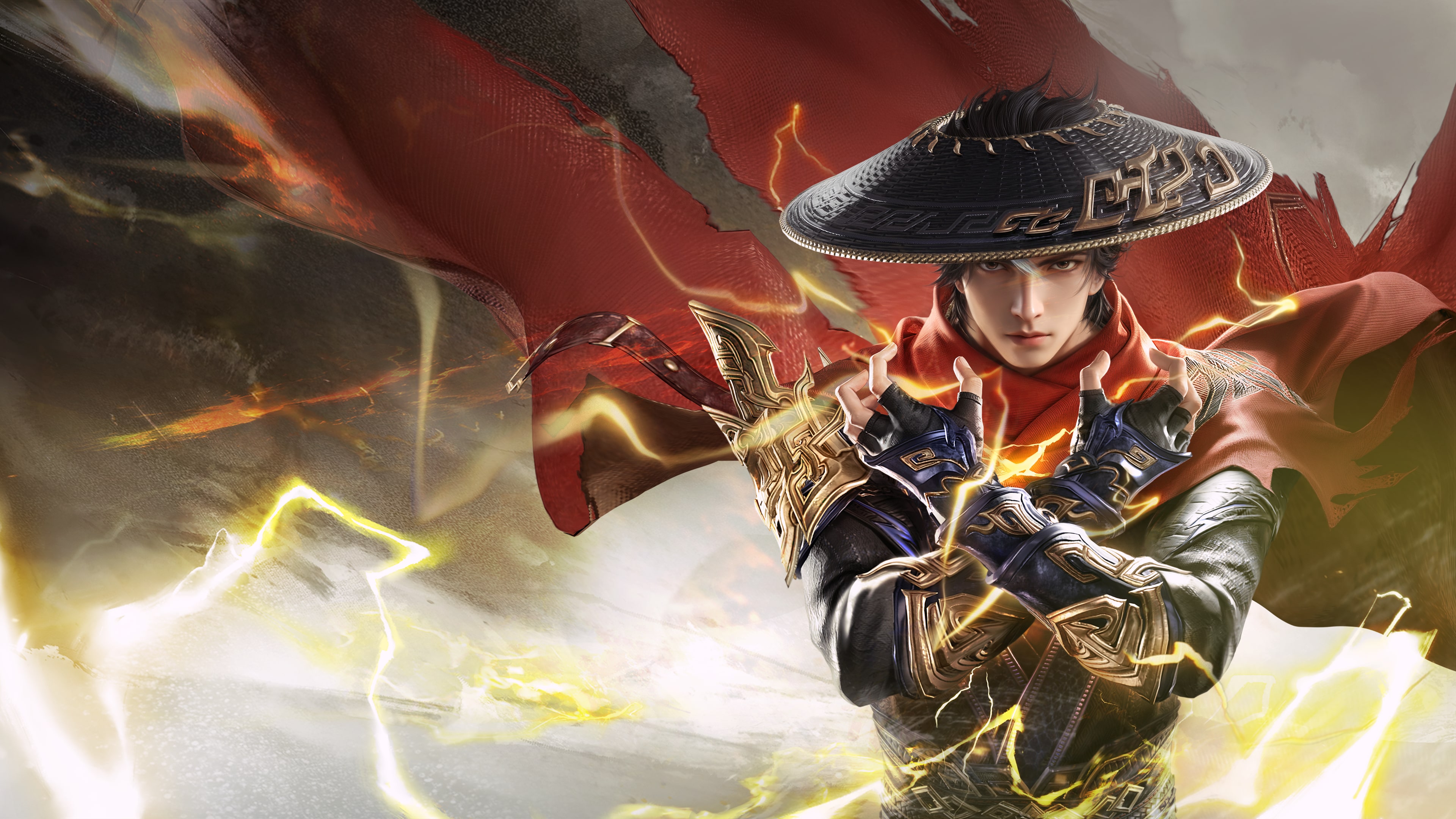 Tarka Ji from Naraka: Bladepoint in a cinematic combat pose wielding dual blades amidst swirling embers and ancient Eastern landscapes.
