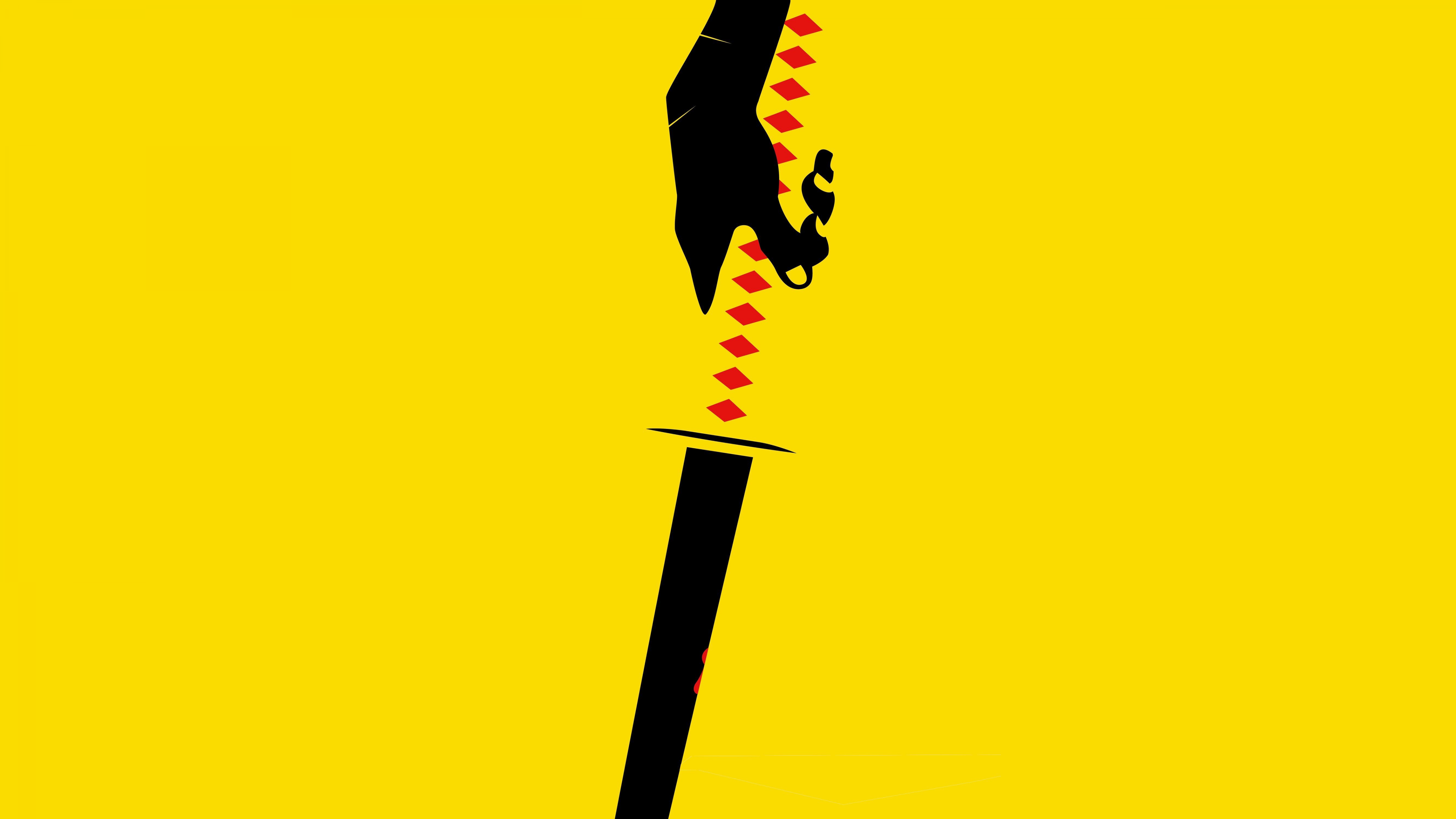Minimalist illustration of Beatrix Kiddo from Kill Bill holding a katana against a bright yellow background.