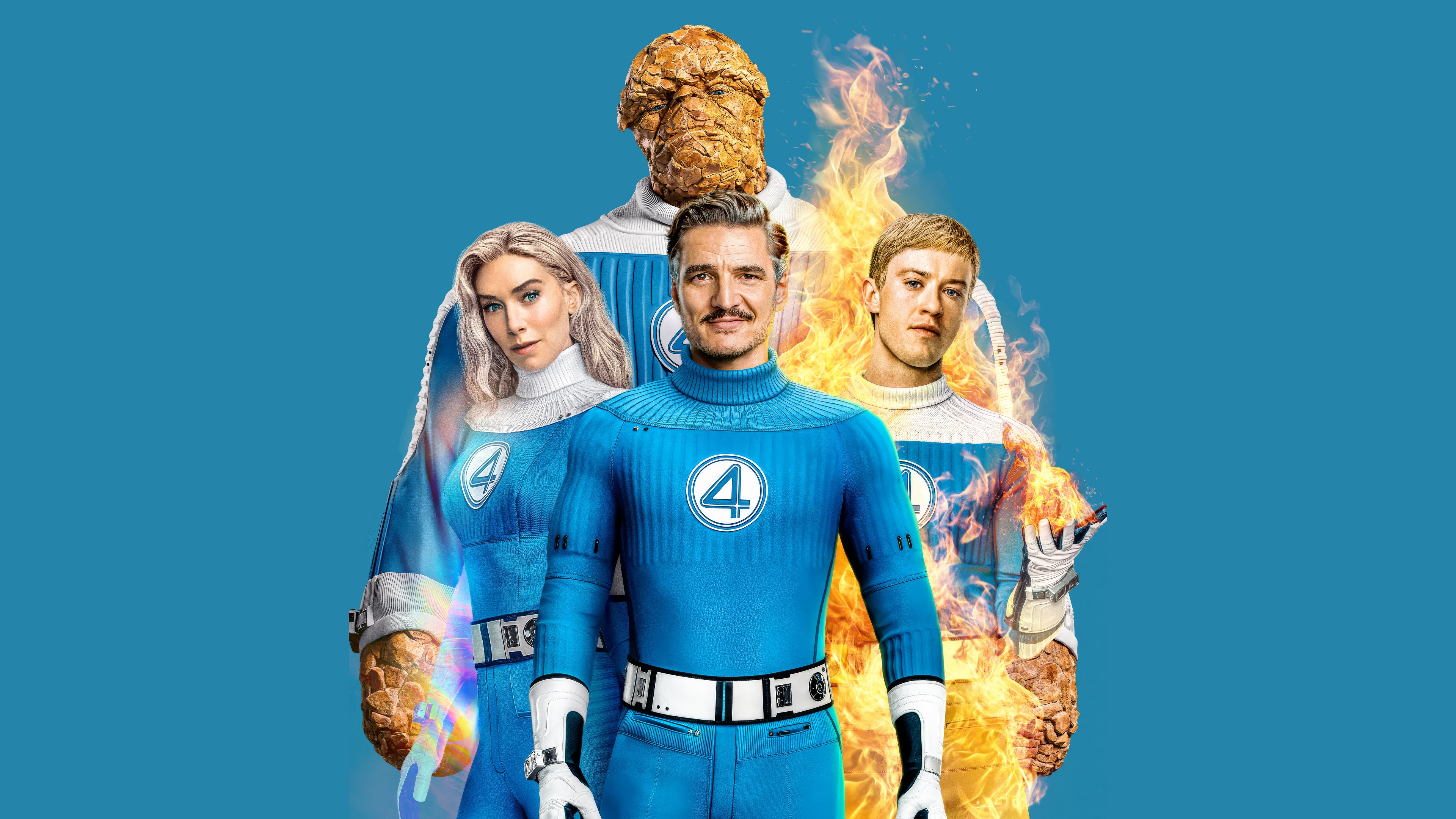 A cinematic group shot of the superhero team The Fantastic Four, including Mister Fantastic, Invisible Woman, and Human Torch.