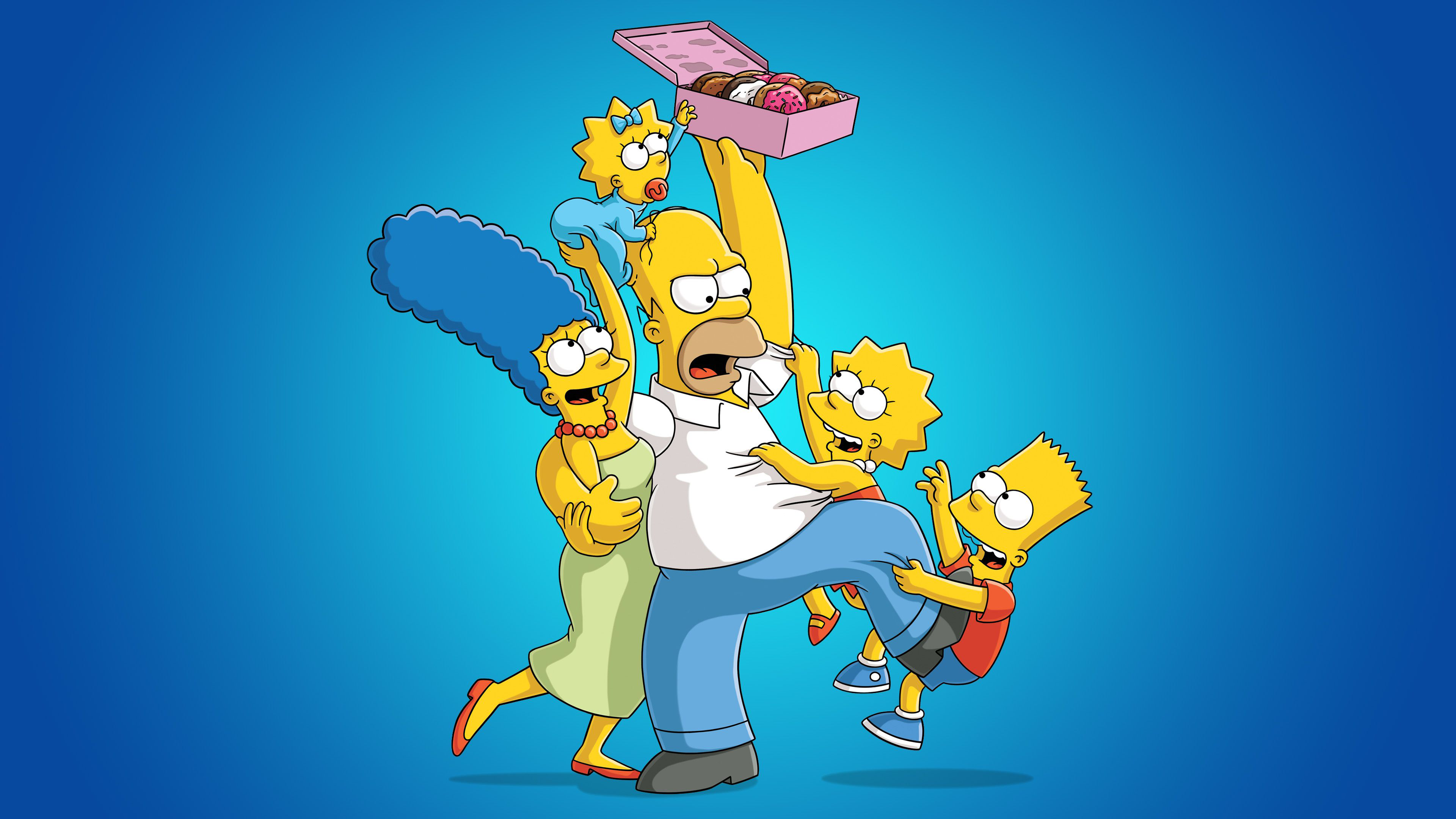 Homer, Marge, Bart, Lisa, and Maggie Simpson from The Simpsons standing together against a blue background.