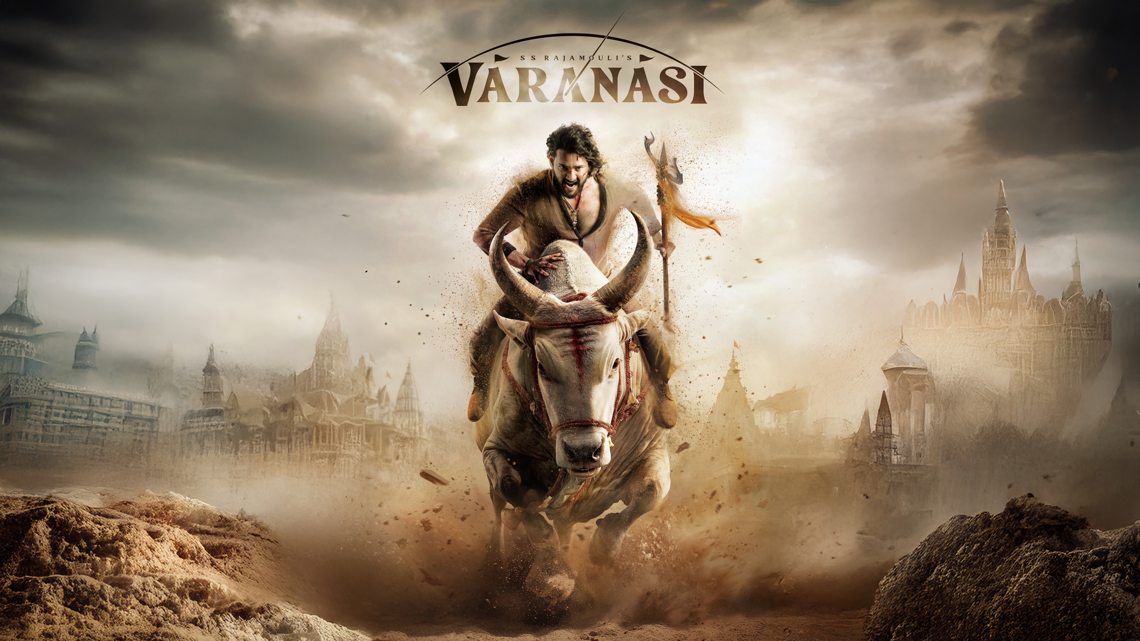 A high-resolution 5K cinematic wide shot of Varanasi in 2027, featuring dramatic lighting and a modern Indian movie aesthetic.