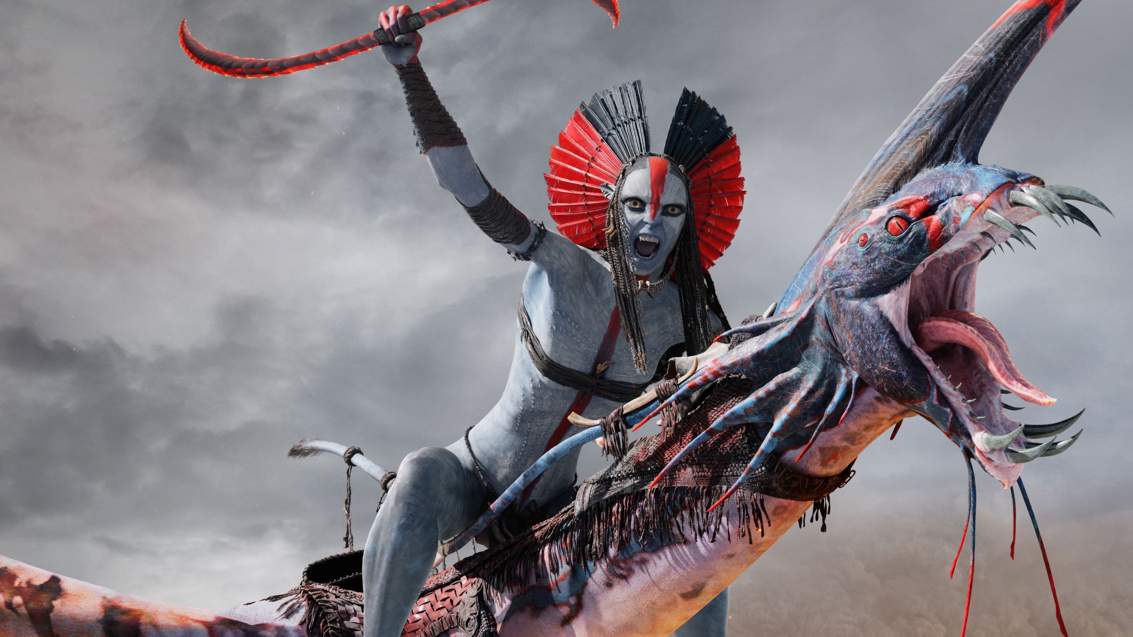 A powerful warrior named Varang from the movie Avatar: Fire and Ash, surrounded by elements of fire and ash.