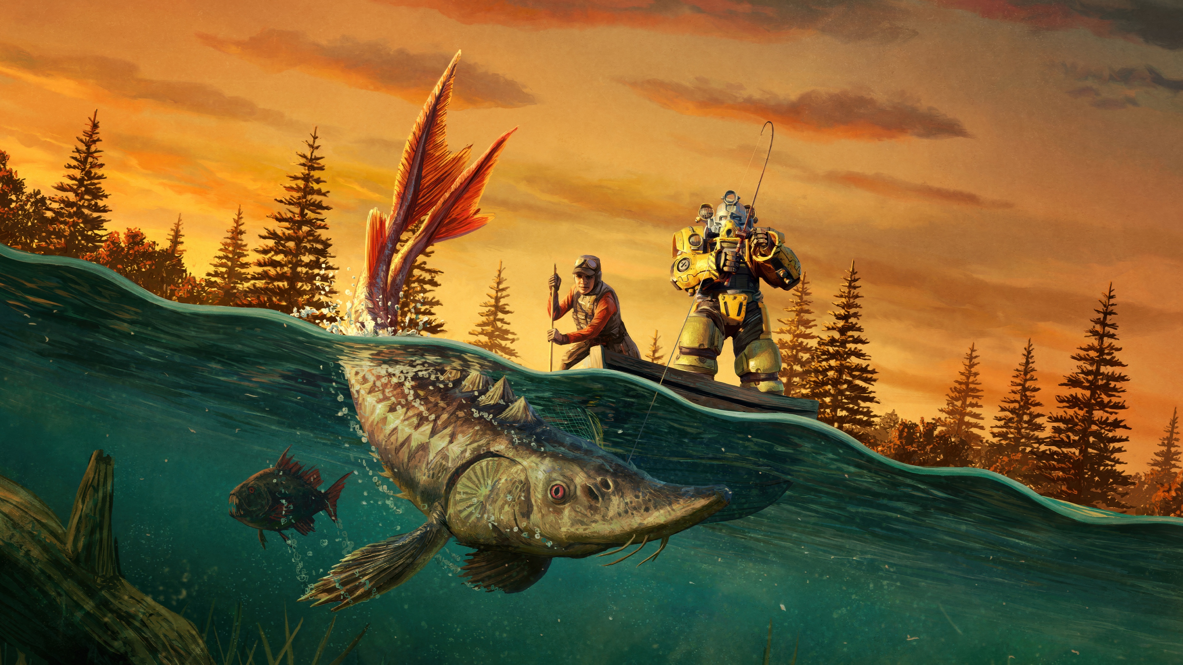 A Vault Dweller from Fallout 76 casting a fishing line into a river amidst a post-apocalyptic landscape.