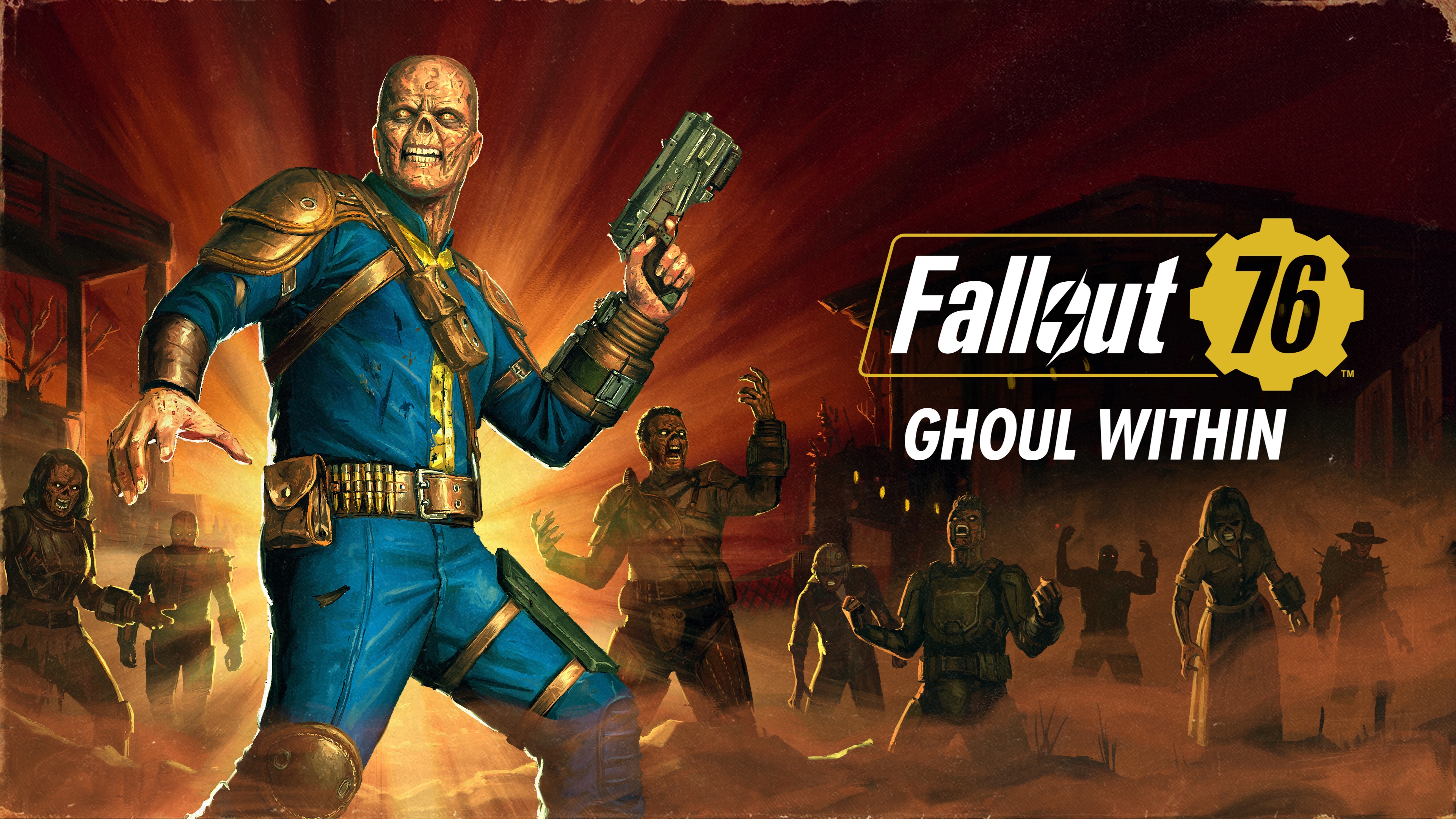 A survivor from Fallout 76 wearing a Vault 76 jumpsuit in a post-apocalyptic setting.