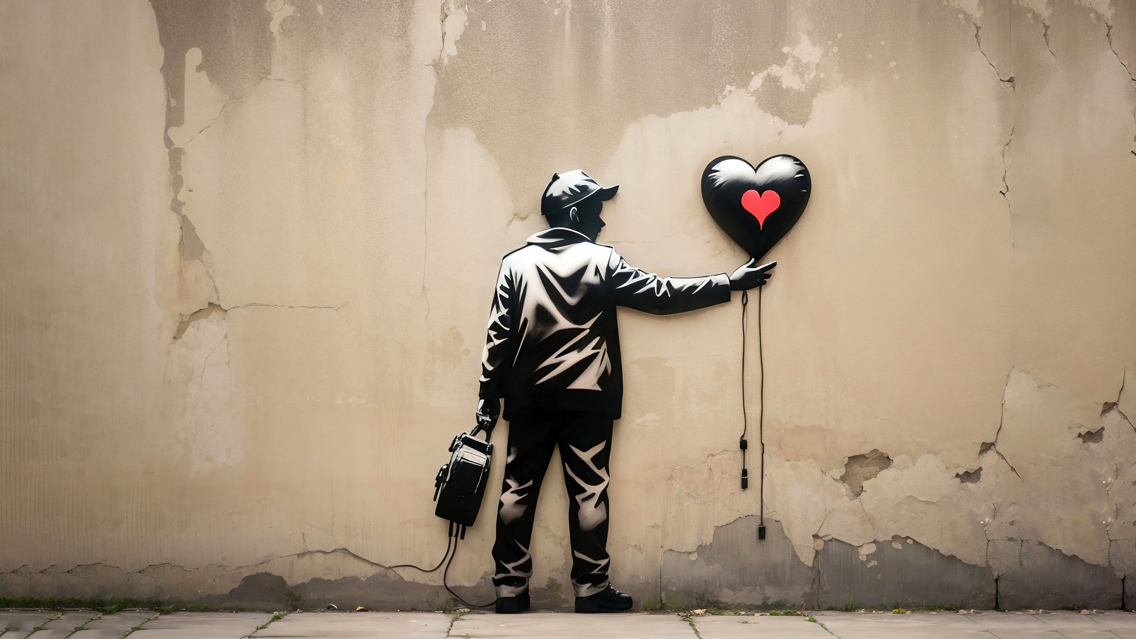 A colorful graffiti painting of a stylized heart balloon on an urban textured wall.