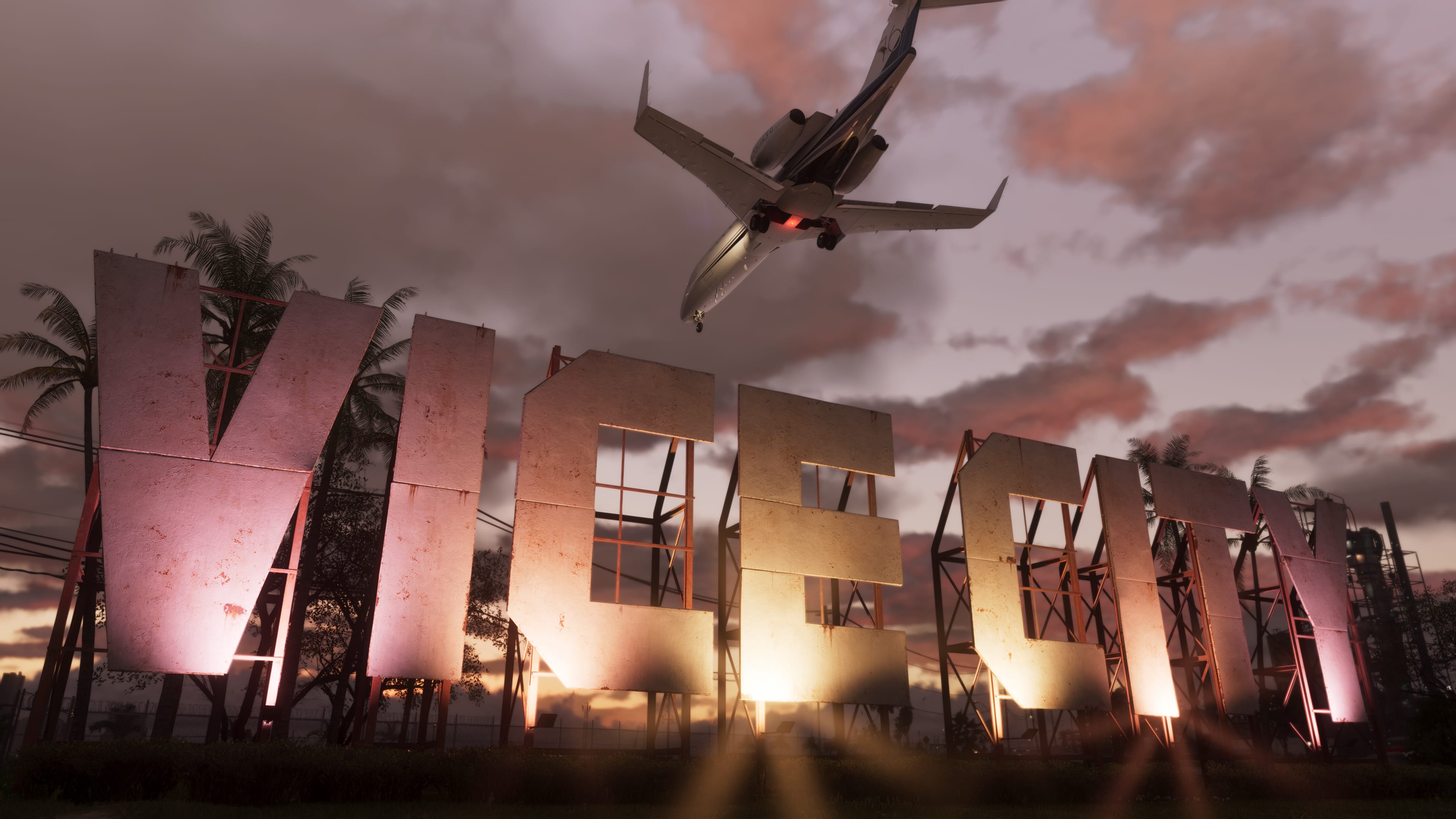A character in a tropical, neon-lit urban setting inspired by the Grand Theft Auto VI art style.
