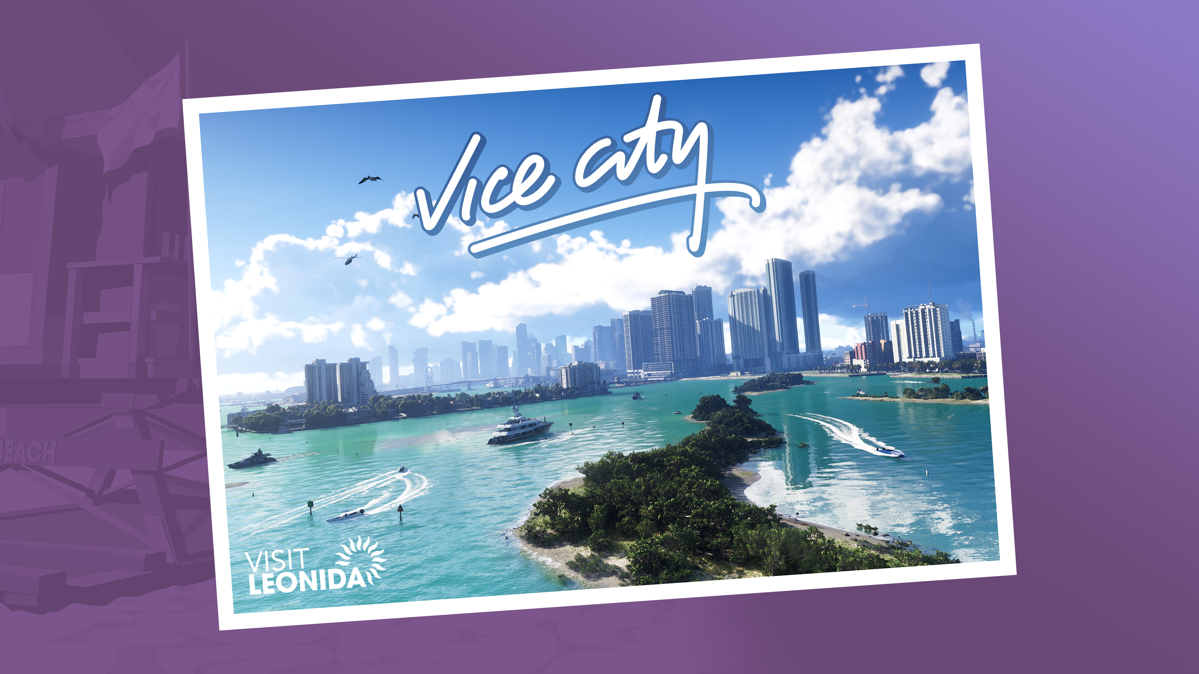 A scenic Vice City postcard featuring a character inspired by Lucia from Grand Theft Auto VI, set against a tropical neon sunset and palm trees.