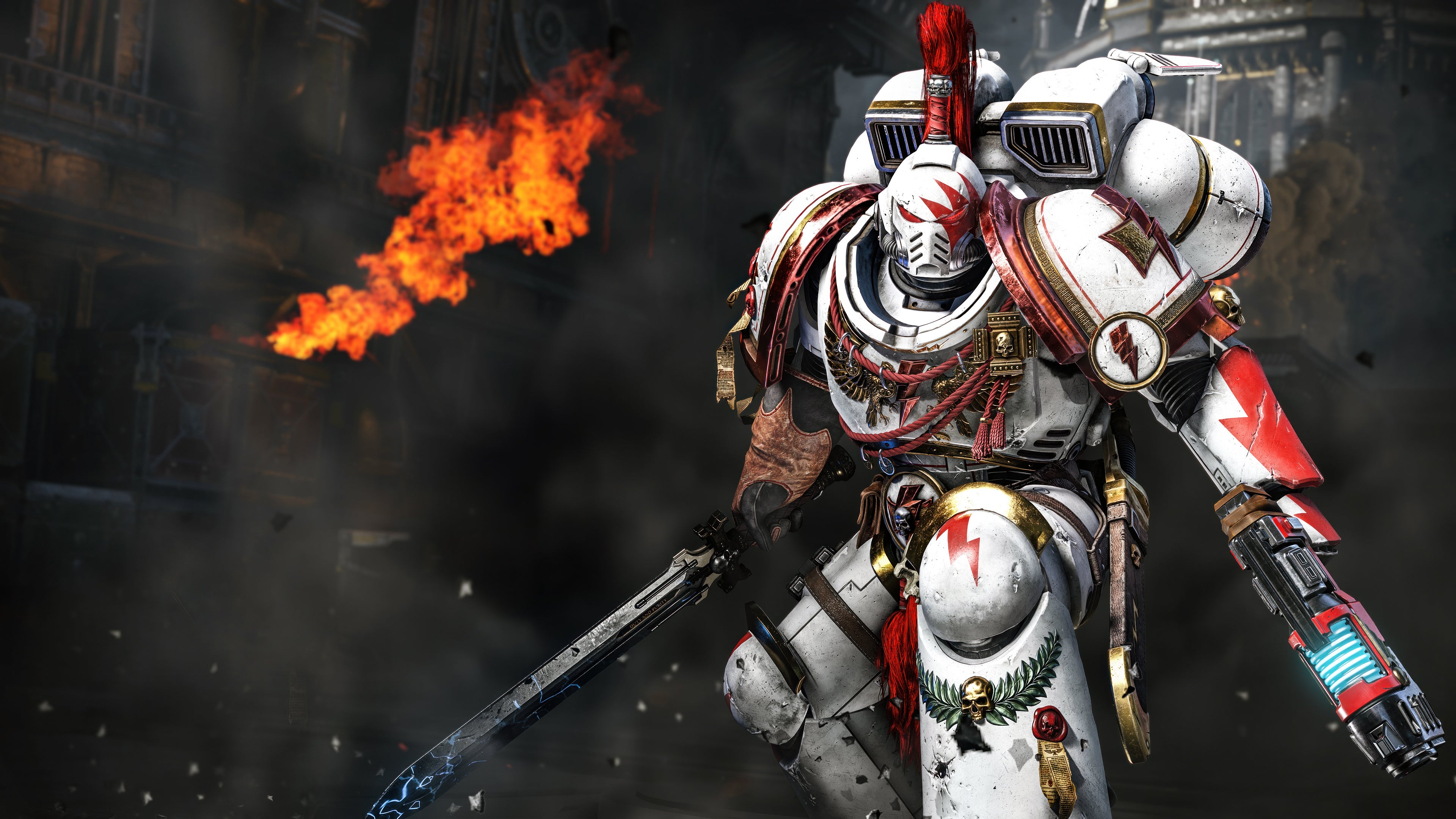 A heavily armored Space Marine from Warhammer 40,000: Space Marine 2.