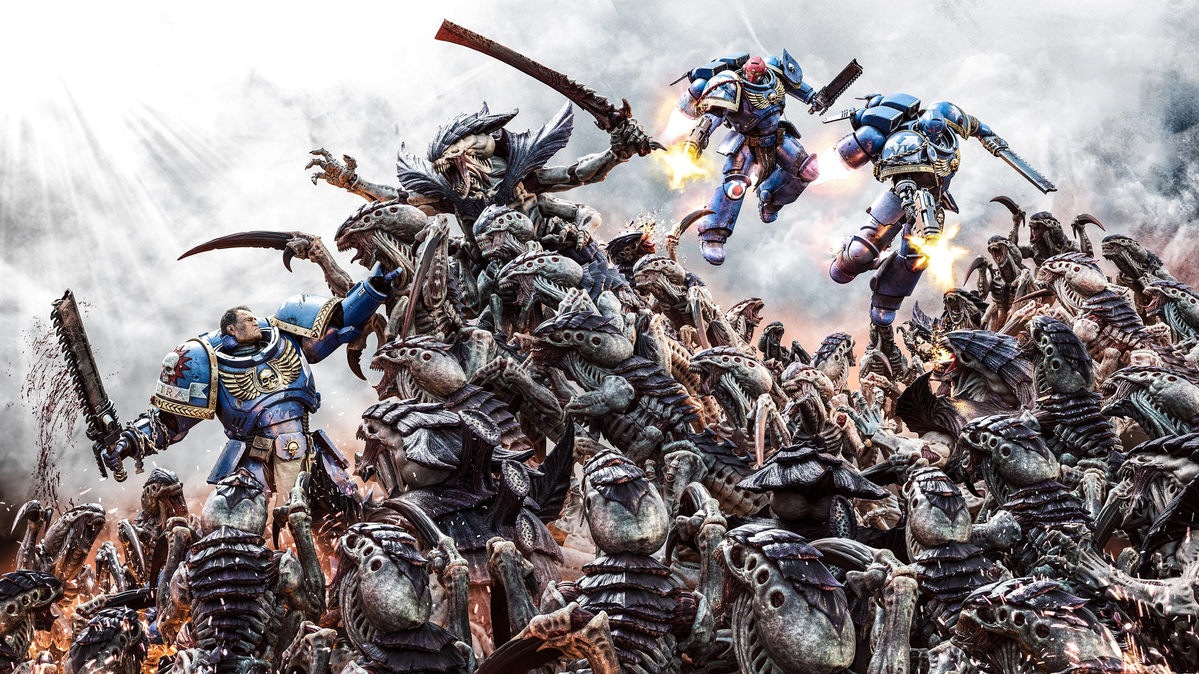 A heavily armored Ultramarine Space Marine from Warhammer 40,000: Space Marine 2 standing in a cinematic battle pose.