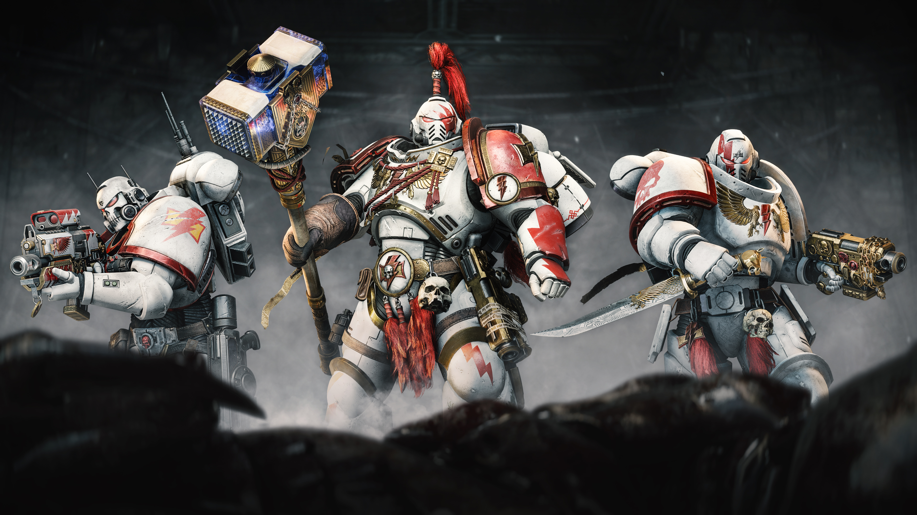 A White Scars Space Marine in ornate white and red power armor from Warhammer 40,000: Space Marine 2.