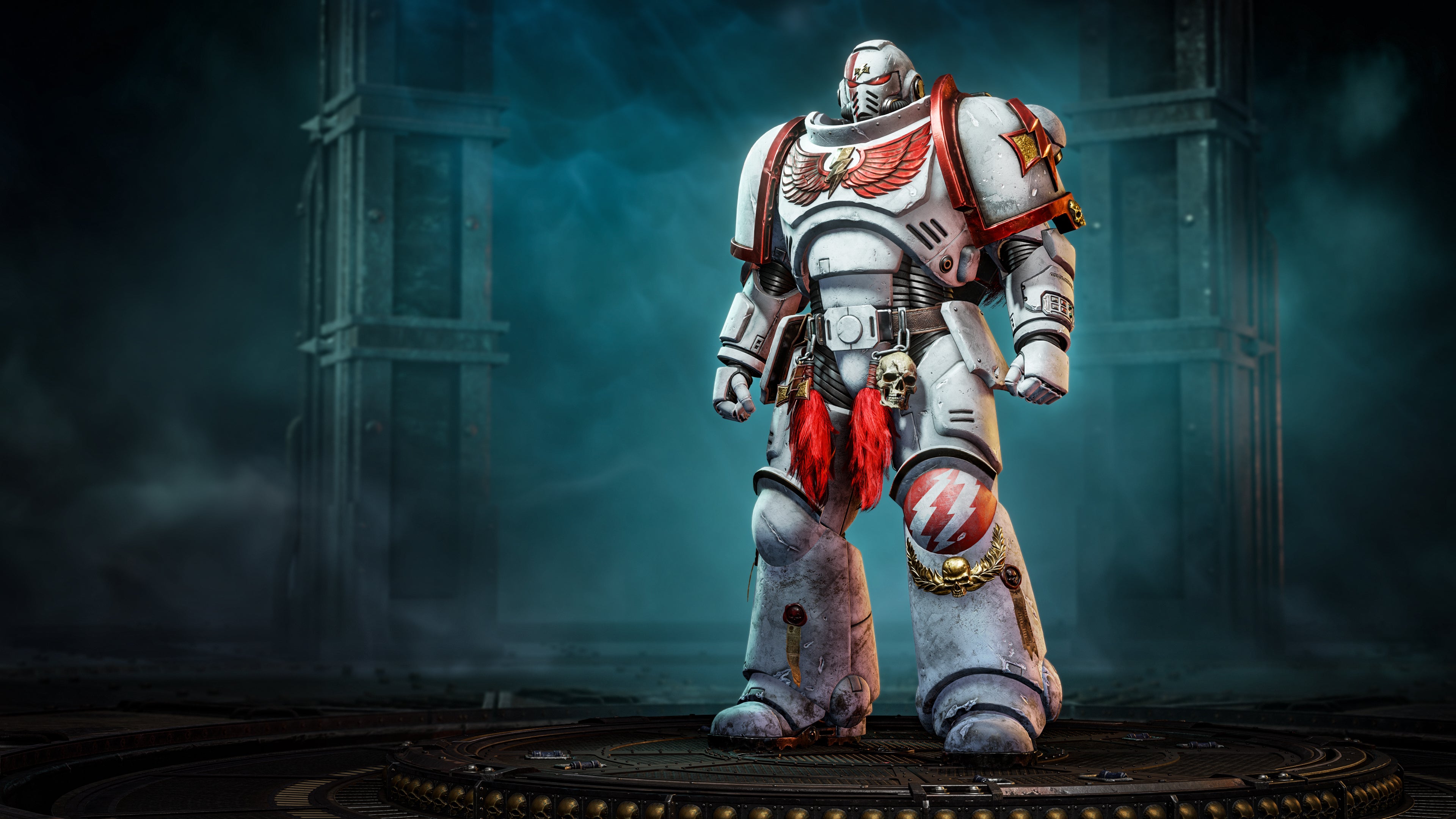 A White Scars Space Marine clad in ornate white and red power armor from Warhammer 40,000: Space Marine 2.