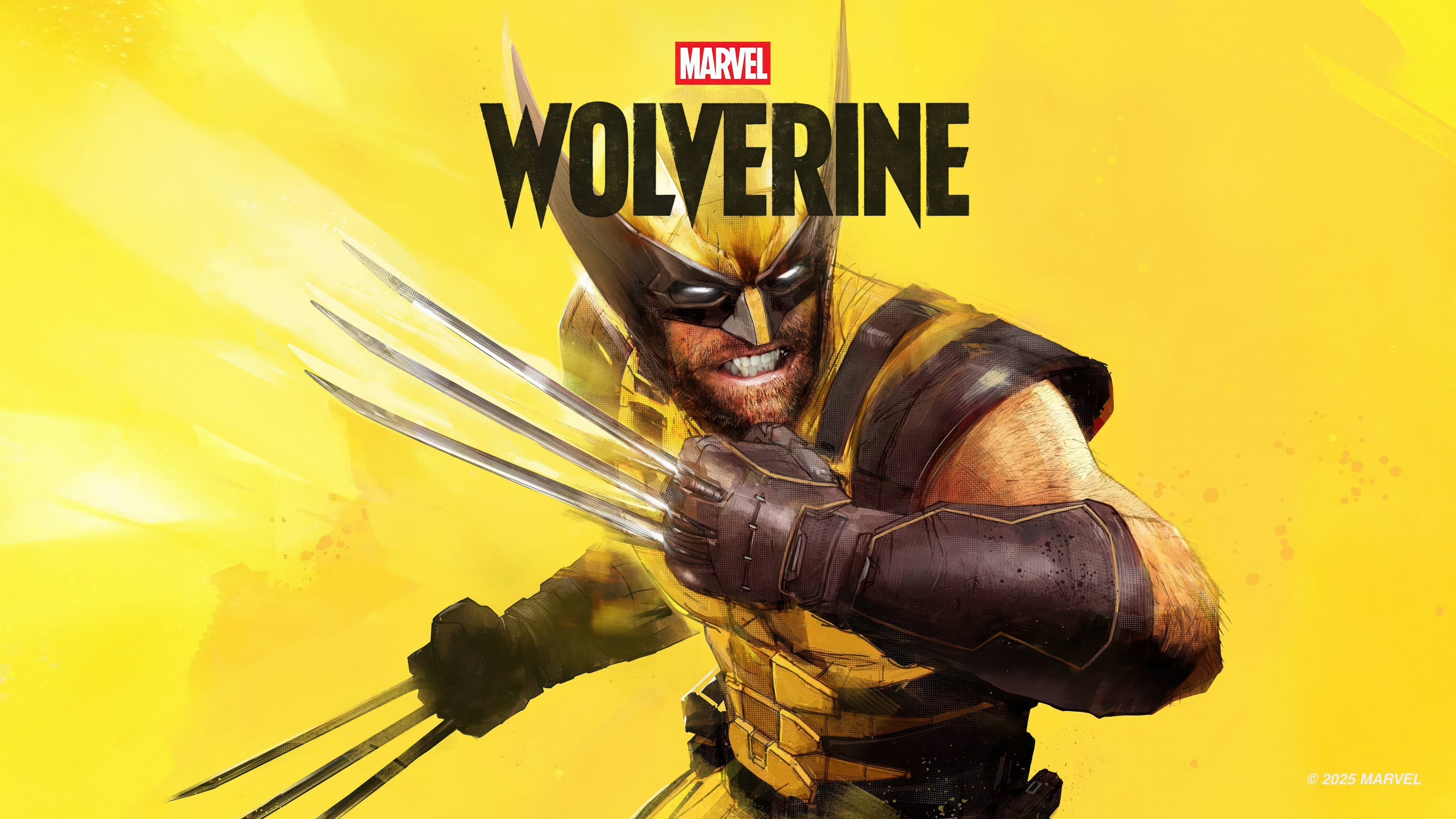 Wolverine from Marvel's Wolverine character art against a bright yellow background for PlayStation 5.
