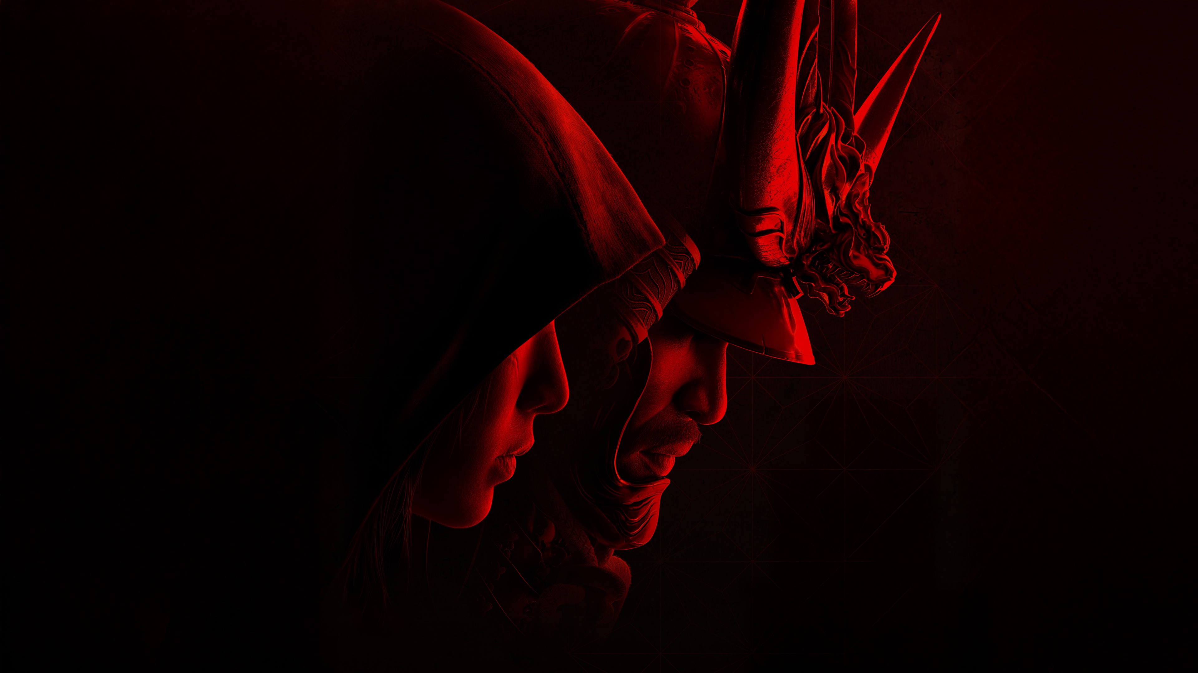 A cinematic portrait of Yasuke and Naoe from Assassin's Creed Shadows with a dark red aesthetic.