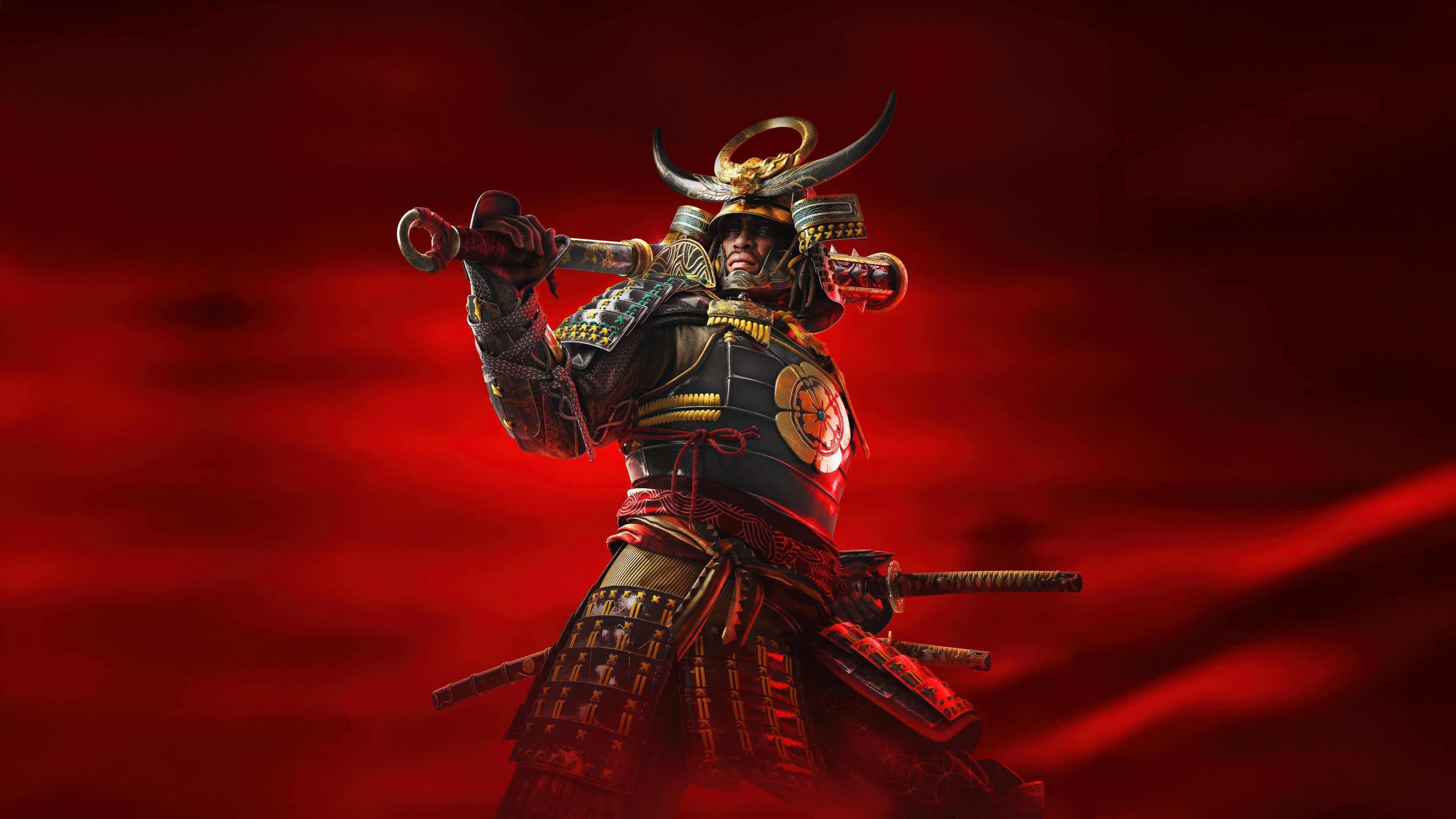 A cinematic portrait of Yasuke from Assassin's Creed Shadows set against a deep red Japanese-inspired background.