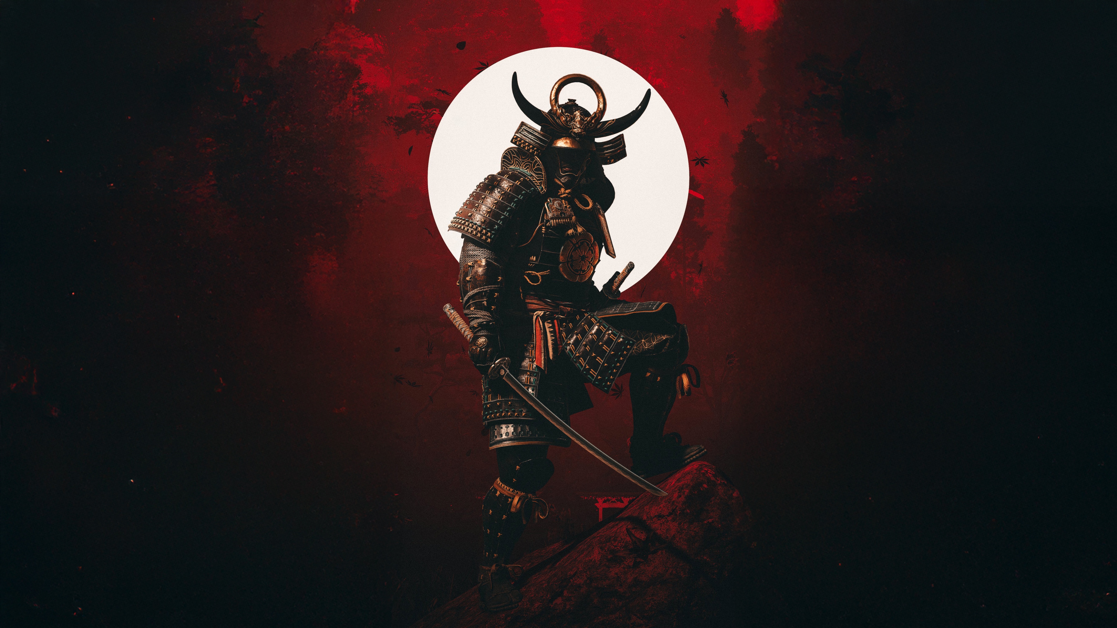 Yasuke from Assassin's Creed Shadows holding a katana against a dark red background.