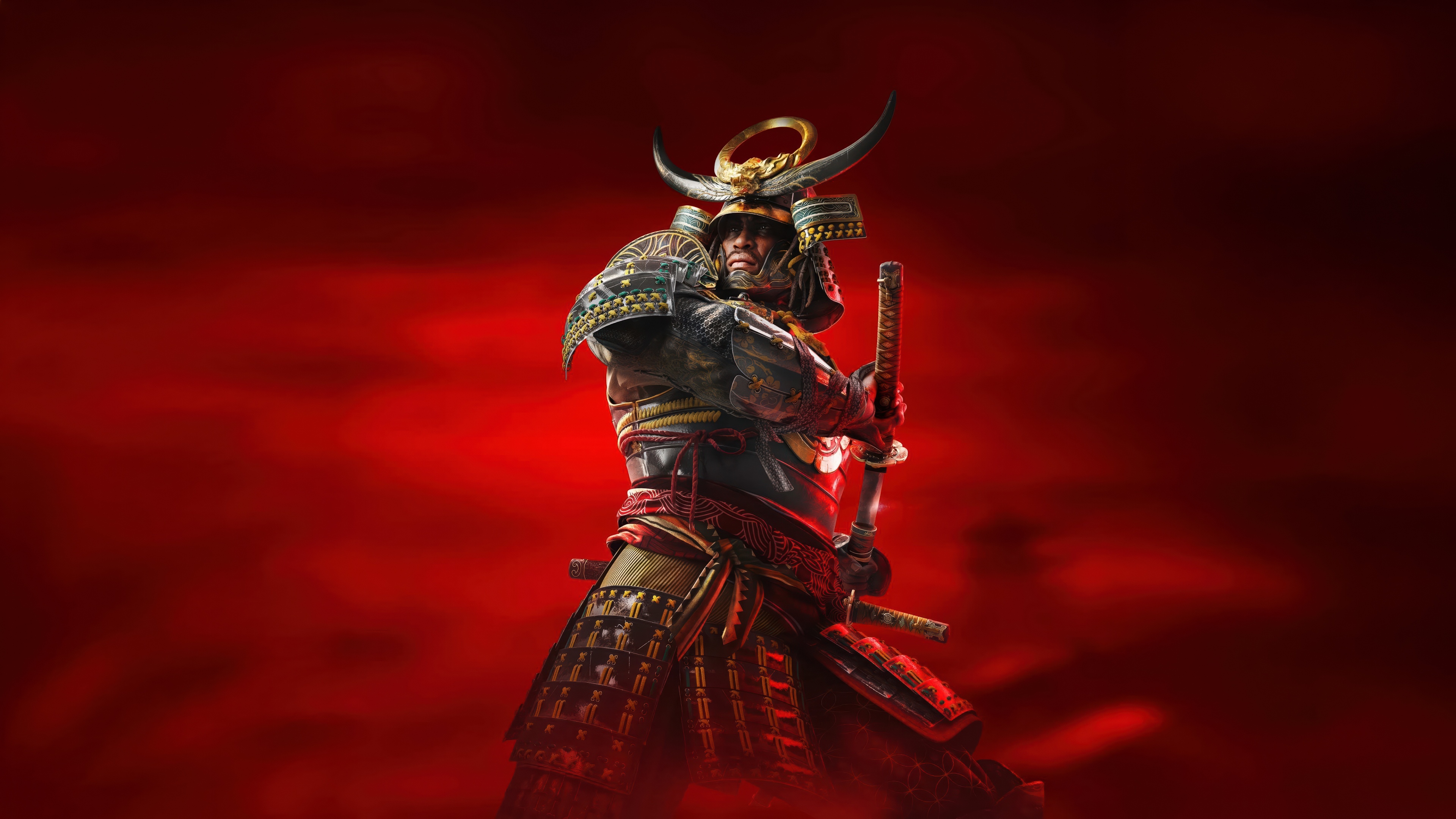 A cinematic close-up of Yasuke from Assassin's Creed Shadows holding a katana against a deep red background.