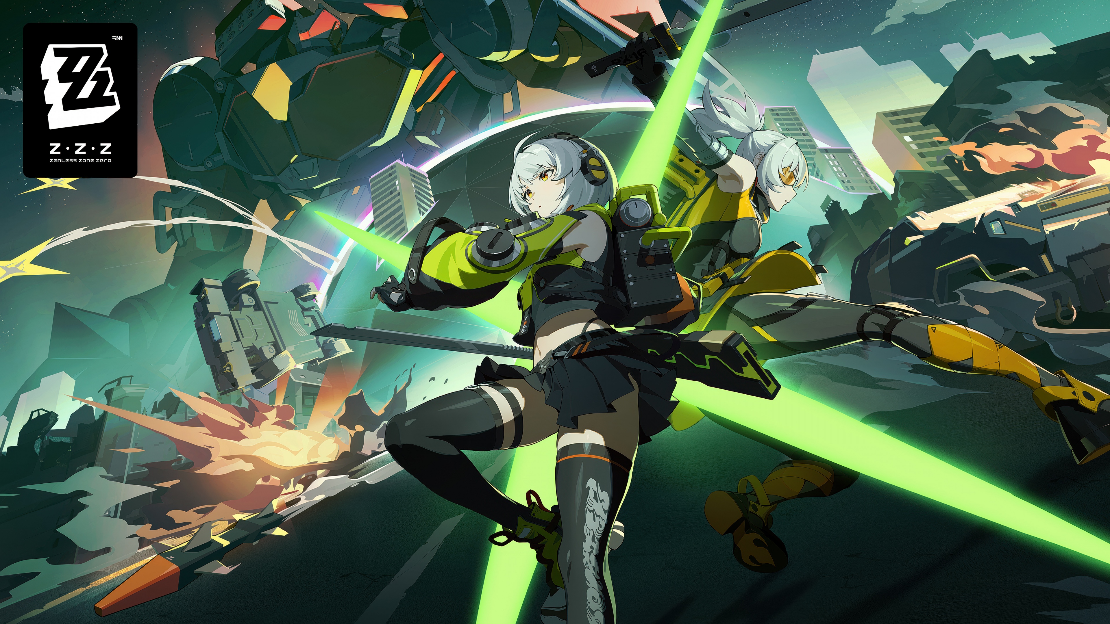 High-resolution 5K cinematic artwork of a character from Zenless Zone Zero in a detailed futuristic urban setting.