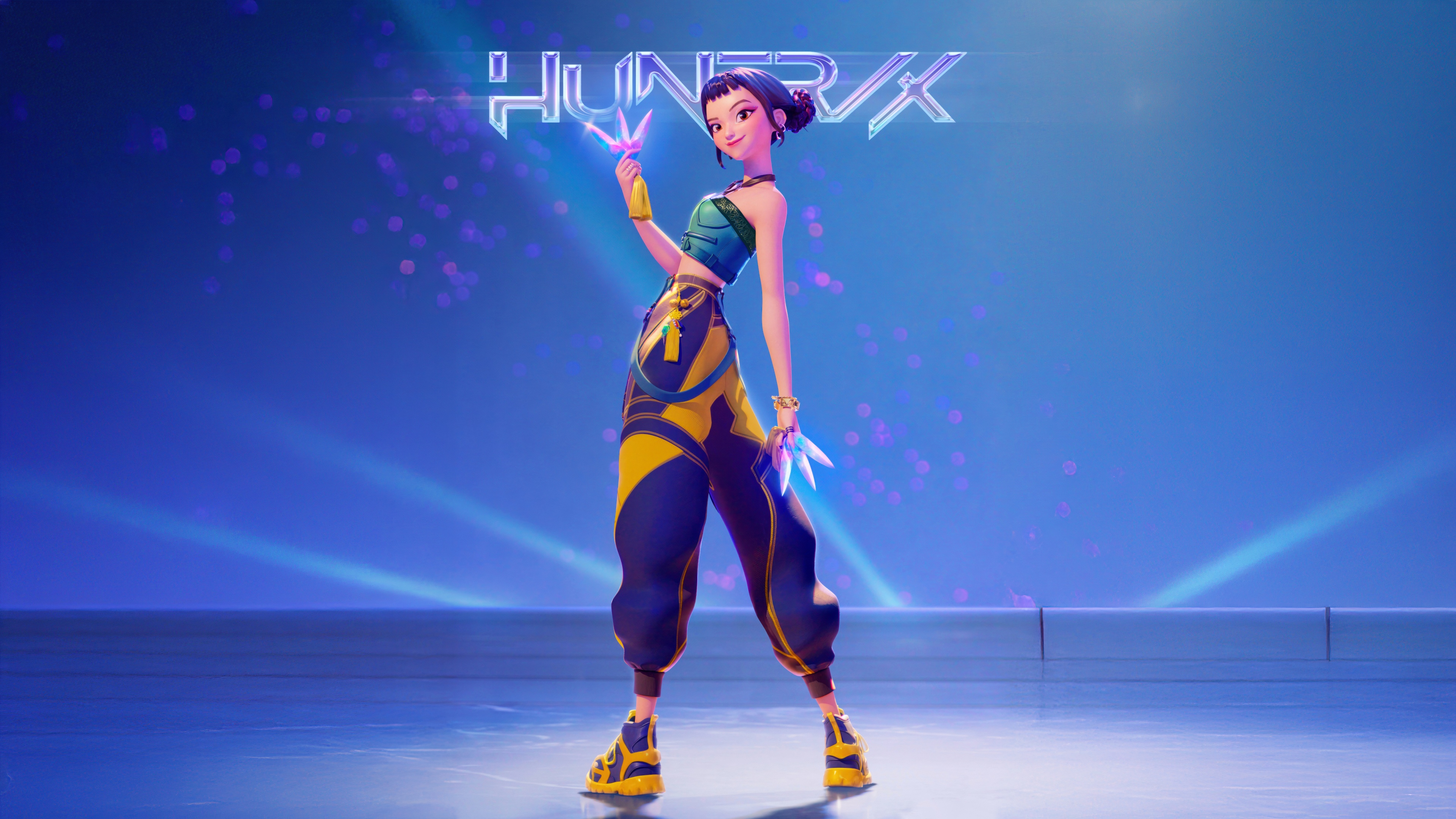 A high-resolution 5K close-up portrait of Zoey from KPop Demon Hunters, showcasing a fusion of stylish K-pop fashion and intense demon-hunting motifs.