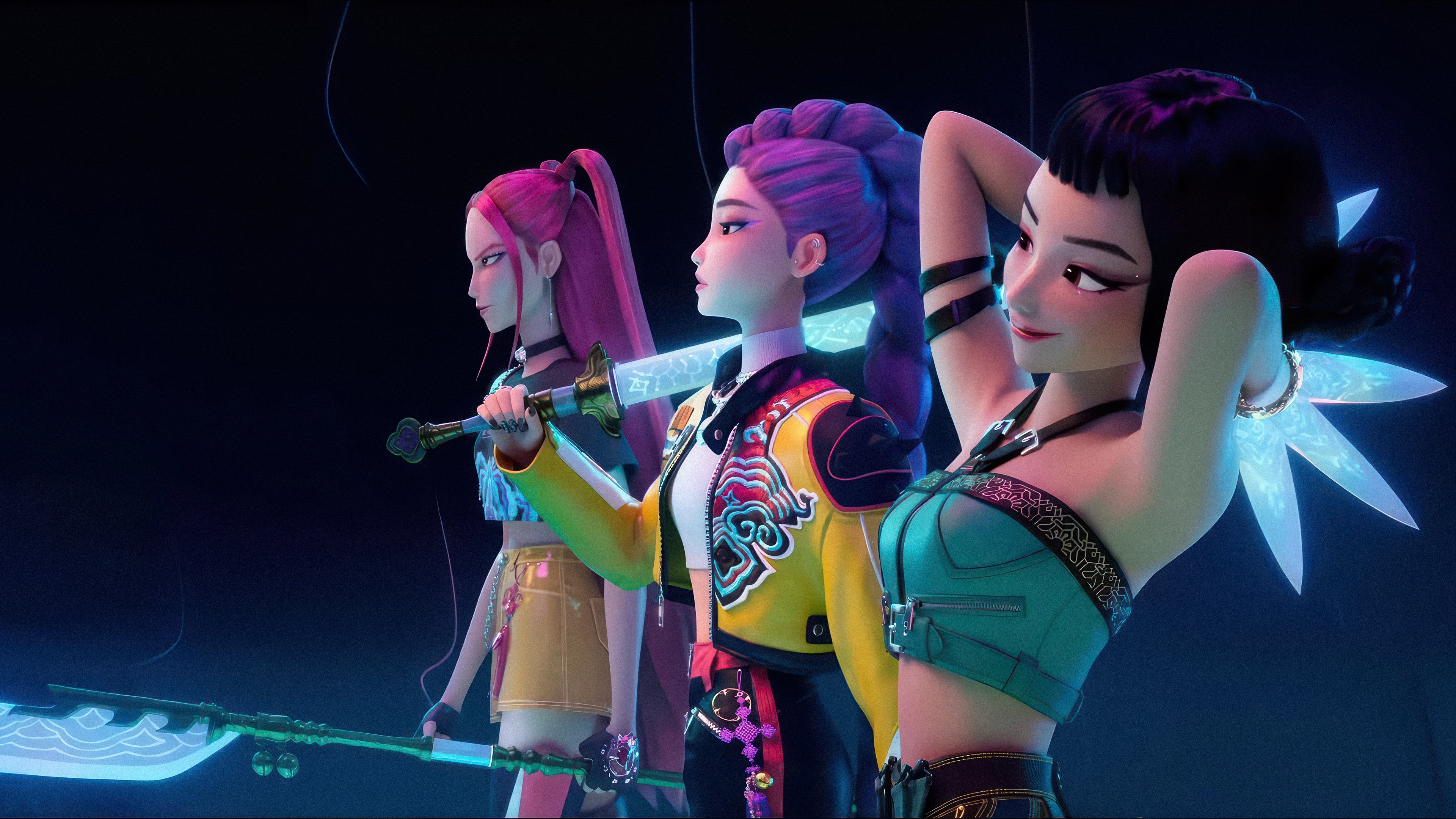 The members of the K-Pop group Huntrix—Rumi, Mira, and Zoey—posing in dark, tactical demon hunter attire.