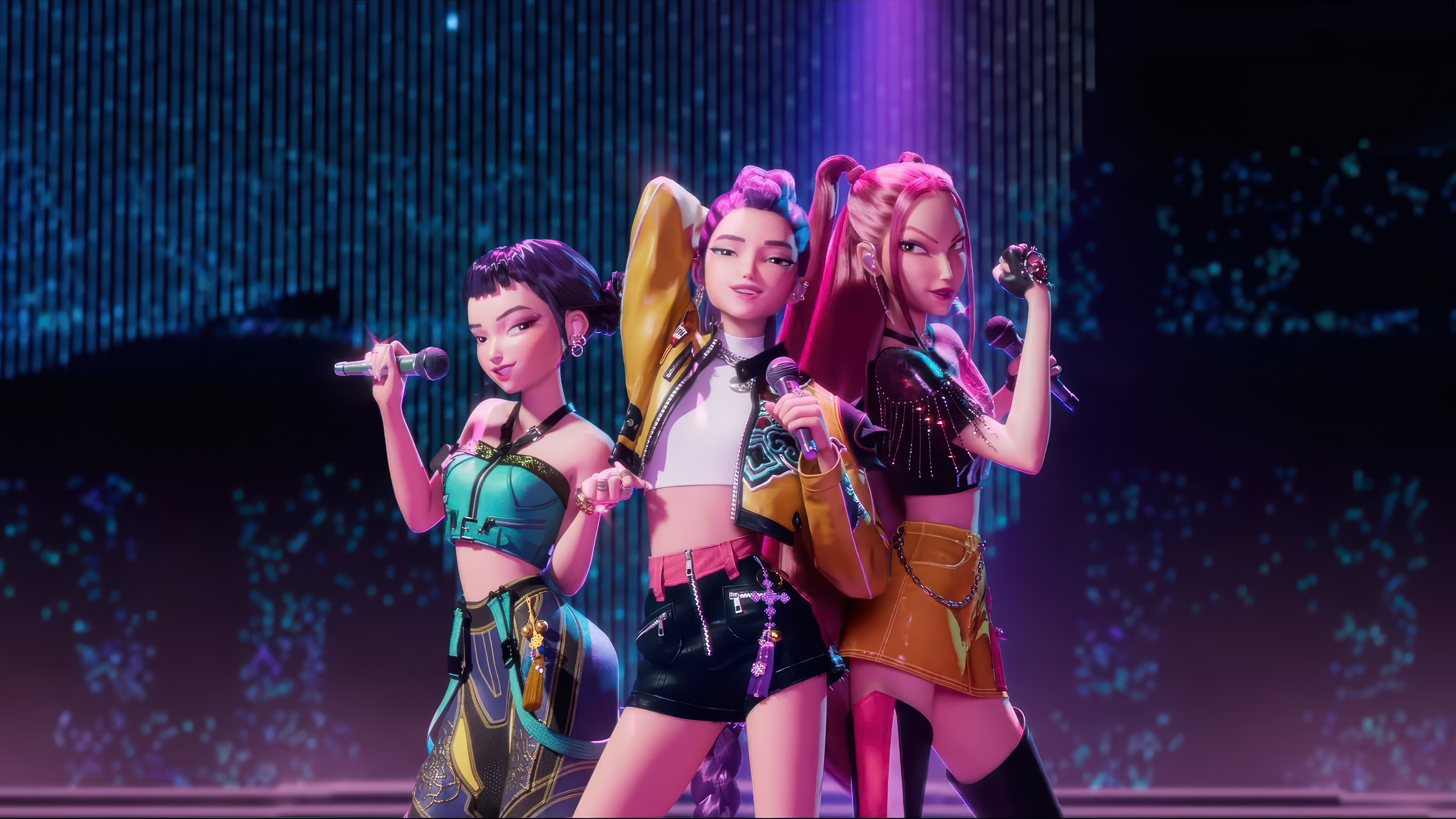 Three K-pop idols from the group Huntrix, Rumi, Mira, and Zoey, dressed in dark, tactical demon-hunting outfits with a fierce and stylish aesthetic.