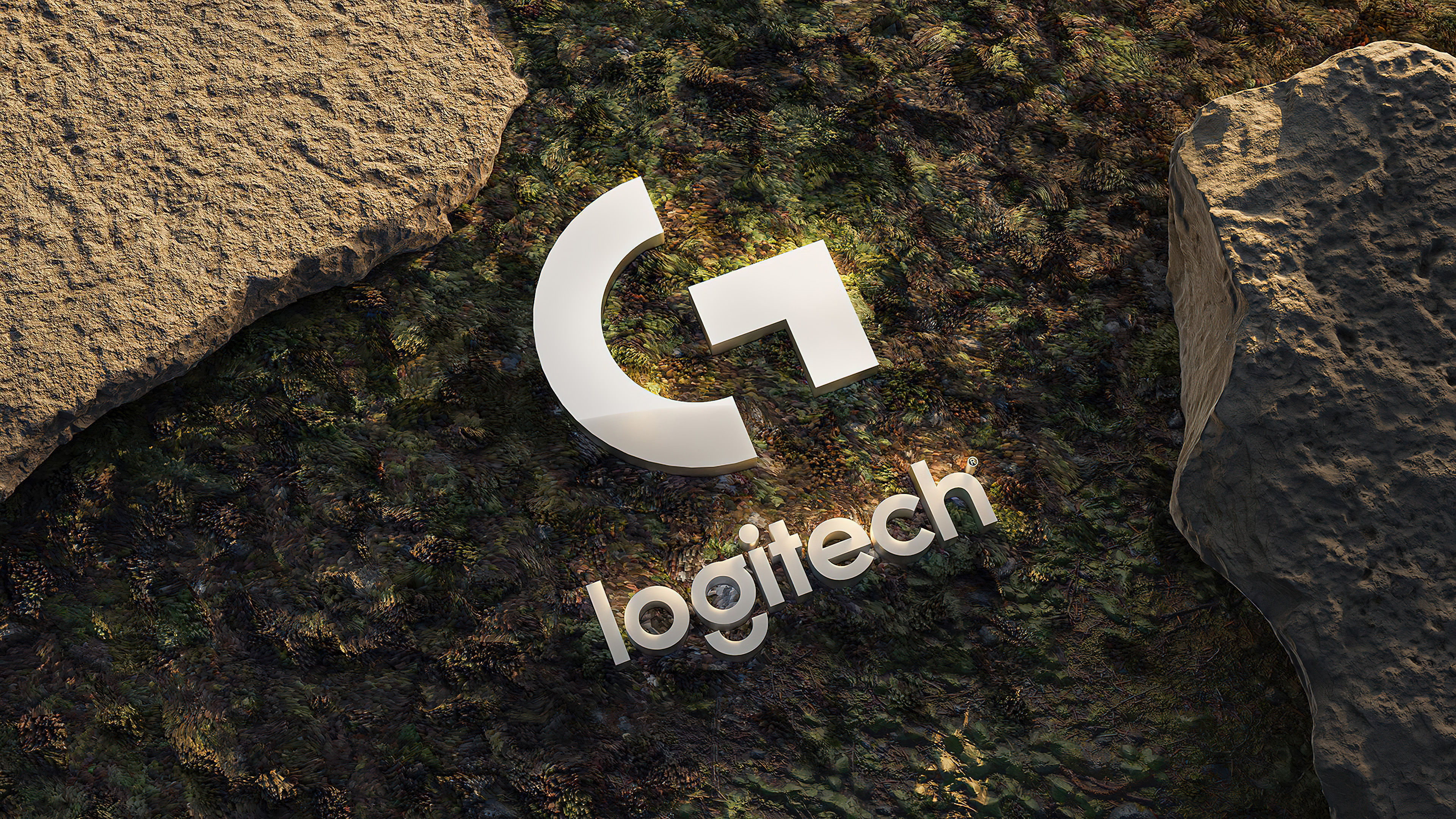 A 3D rendered Logitech logo in a digital art style with depth and professional lighting.
