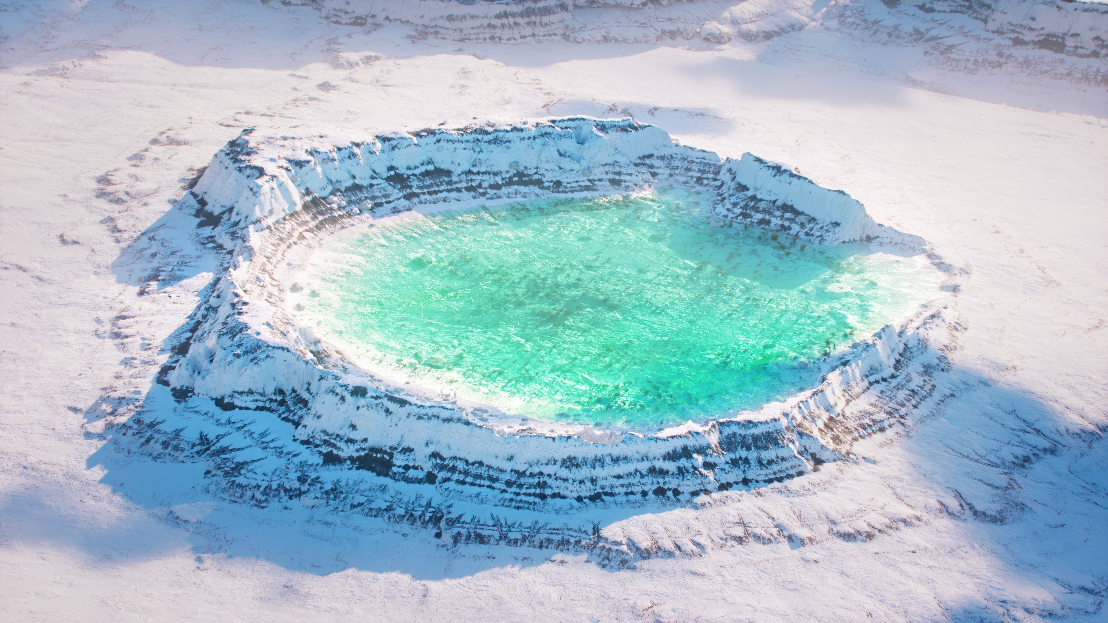 An aerial view of a snow-covered frozen crater lake with icy textures and surrounding wintry mountains.