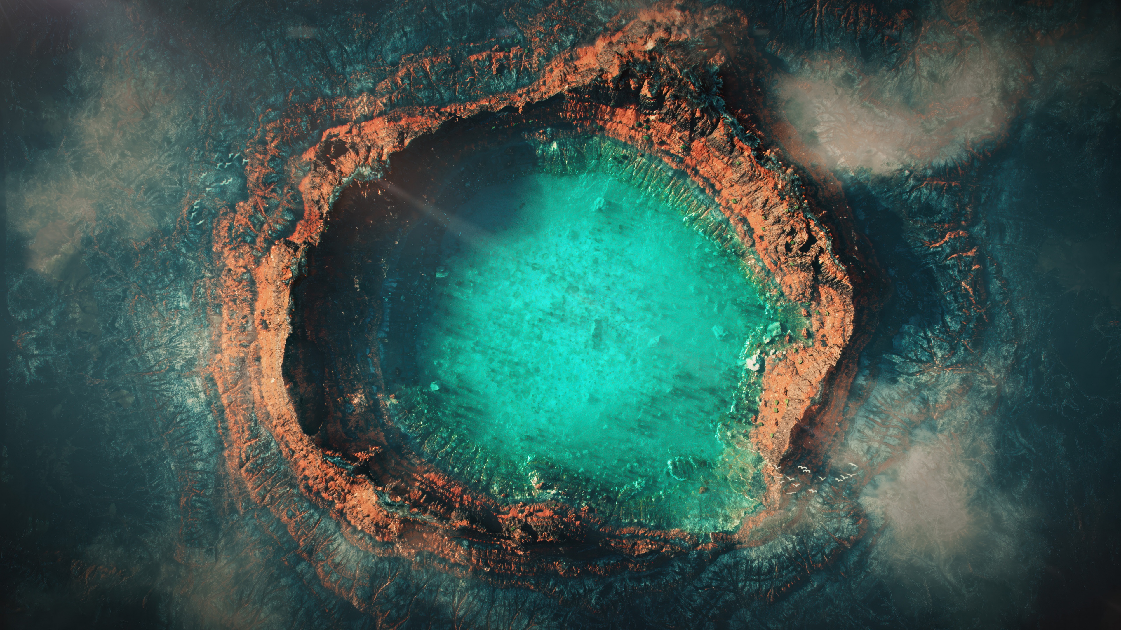 Aerial view of a bright turquoise water crater and a dark lava cave within a volcanic landscape.