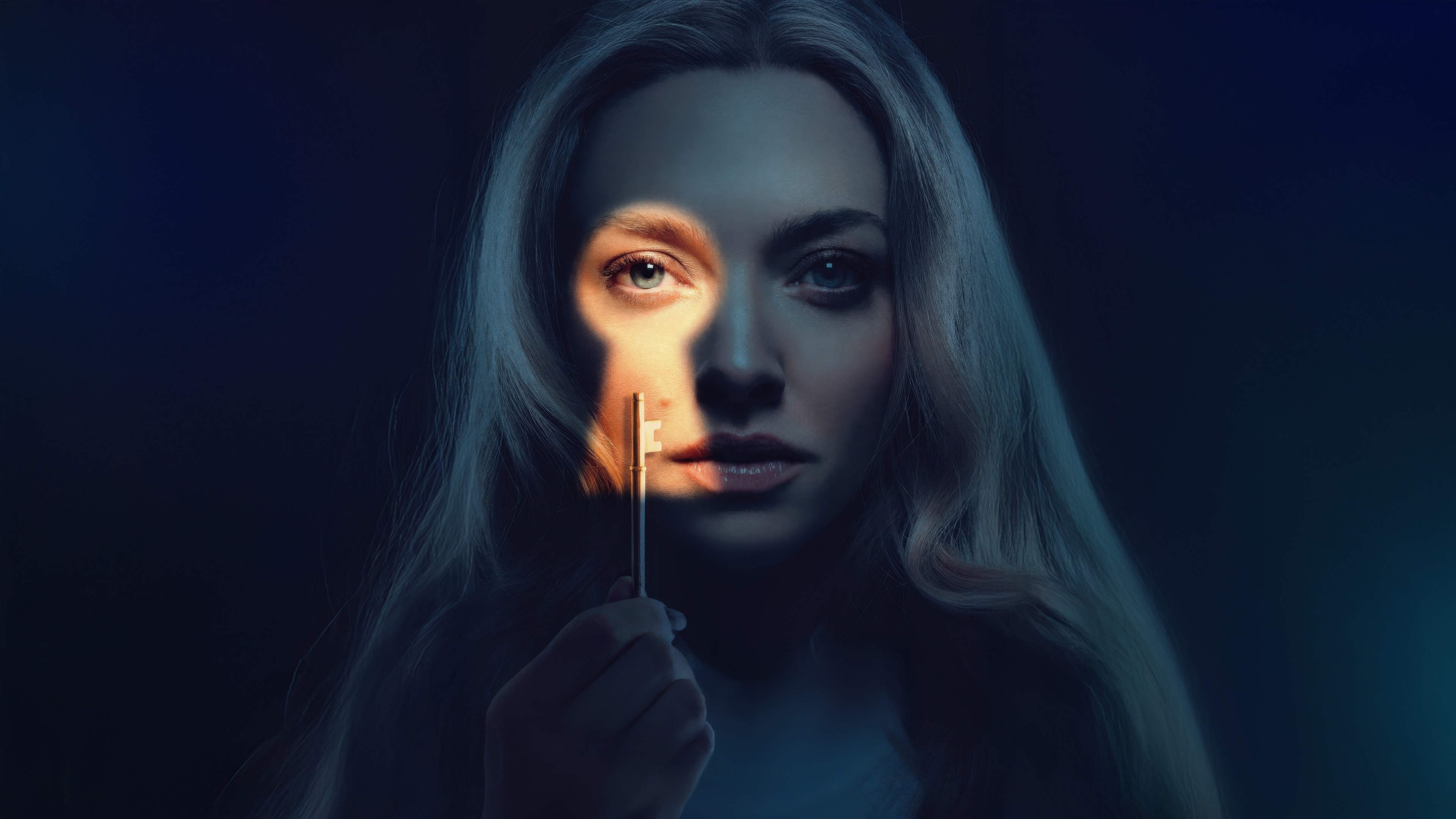 A cinematic portrait of Amanda Seyfried in the movie The Housemaid (2025) against a dark, atmospheric background.